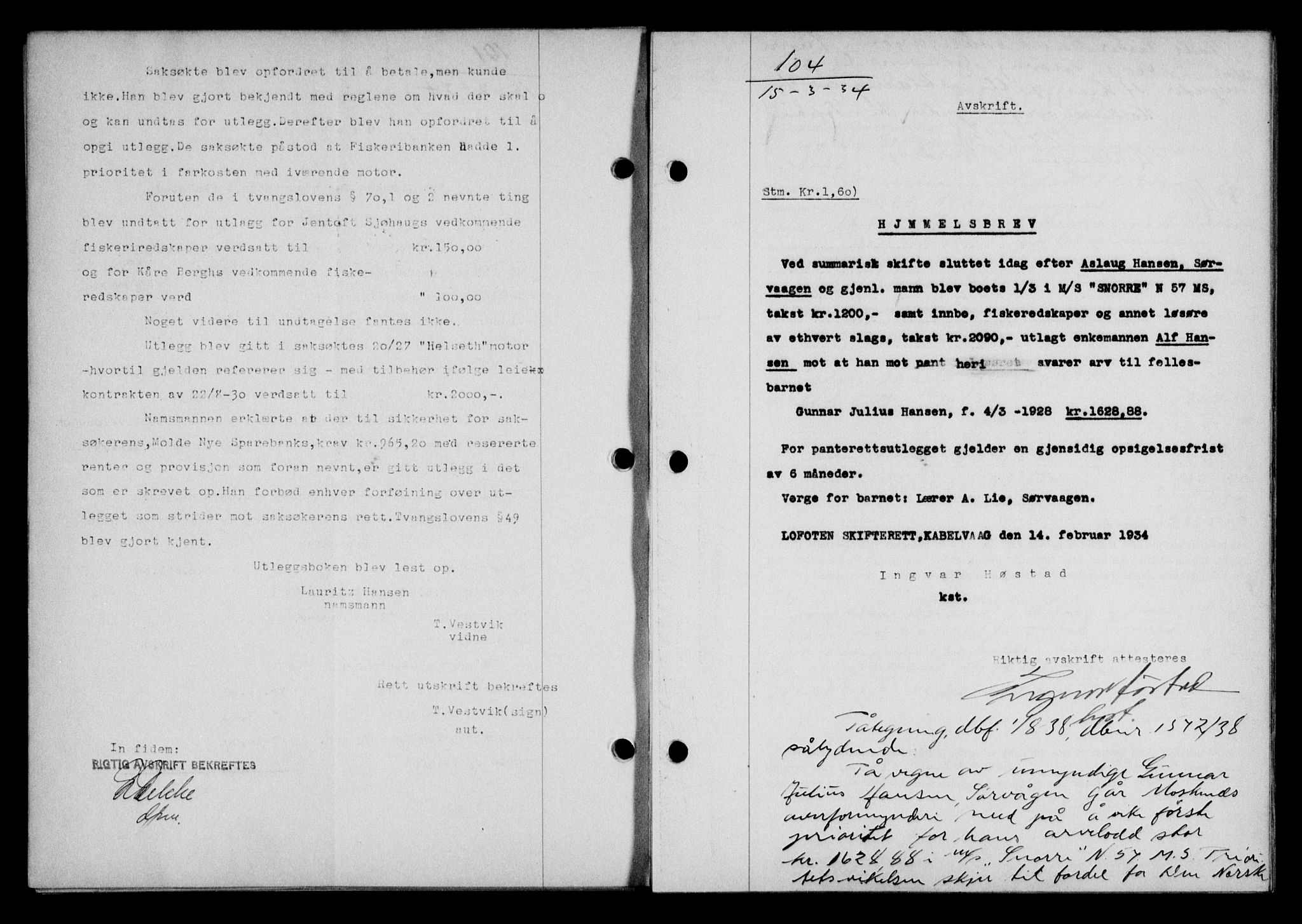 Lofoten sorenskriveri, SAT/A-0017/1/2/2C/L0029b: Mortgage book no. 29b, 1934-1934, Deed date: 15.02.1934