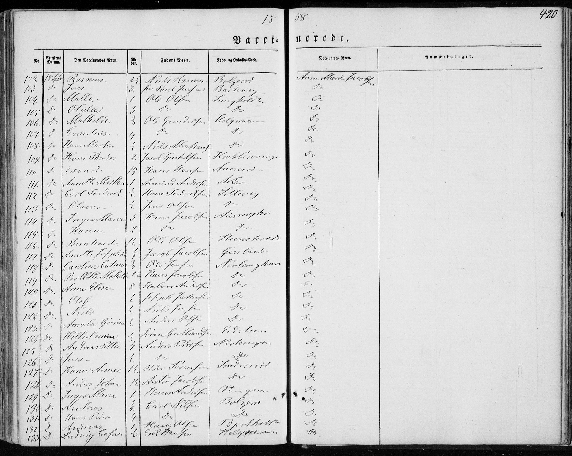 Brunlanes kirkebøker, AV/SAKO-A-342/F/Fa/L0004: Parish register (official) no. I 4, 1846-1862, p. 420