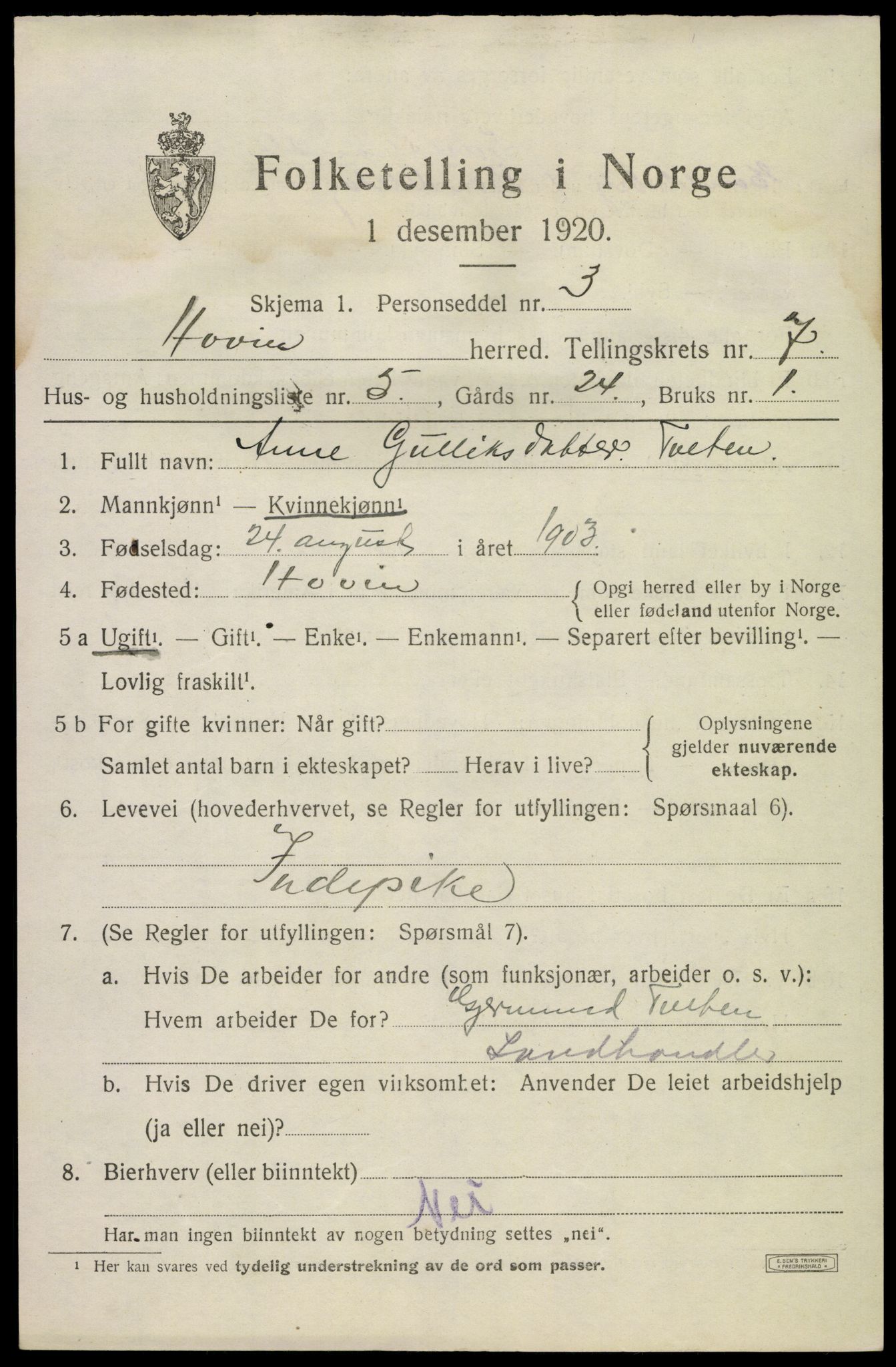 SAKO, 1920 census for Hovin, 1920, p. 1747