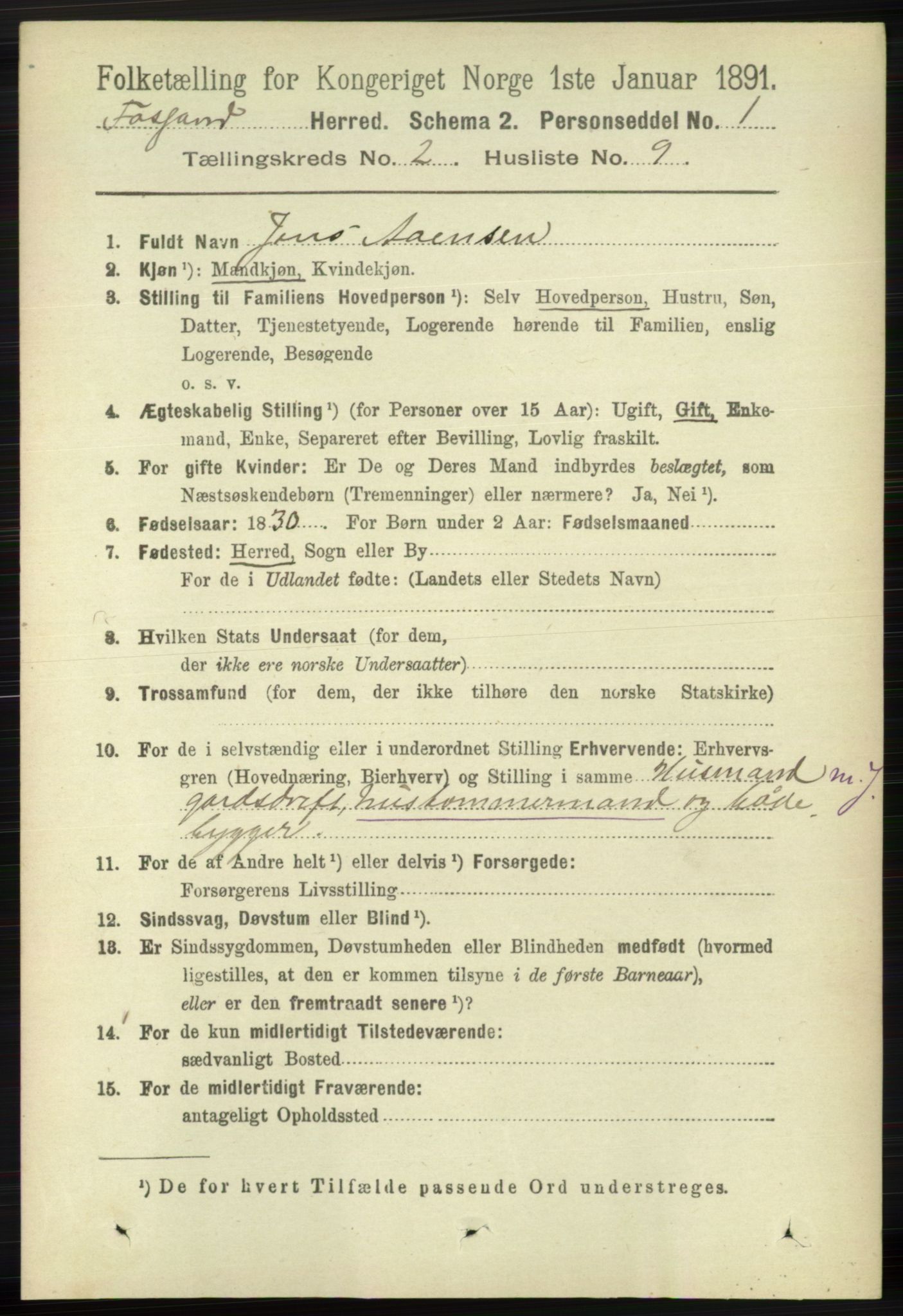 RA, 1891 census for 1129 Forsand, 1891, p. 243