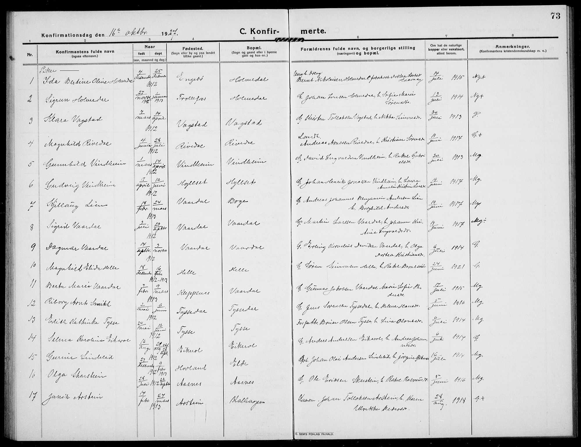 Fjaler sokneprestembete, AV/SAB-A-79801/H/Hab/Habb/L0003: Parish register (copy) no. B 3, 1913-1940, p. 73