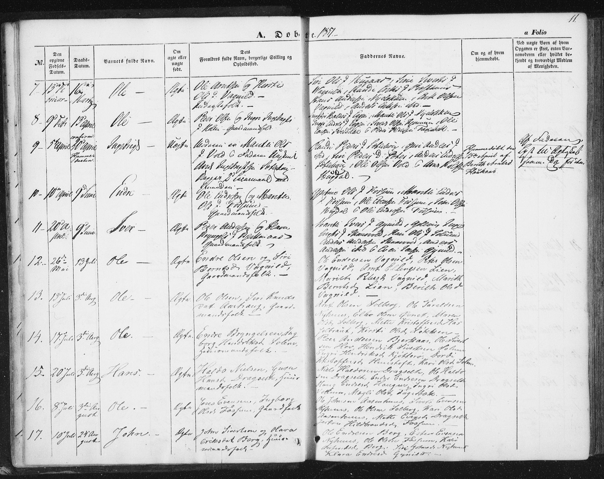 Ministerialprotokoller, klokkerbøker og fødselsregistre - Sør-Trøndelag, AV/SAT-A-1456/689/L1038: Parish register (official) no. 689A03, 1848-1872, p. 11