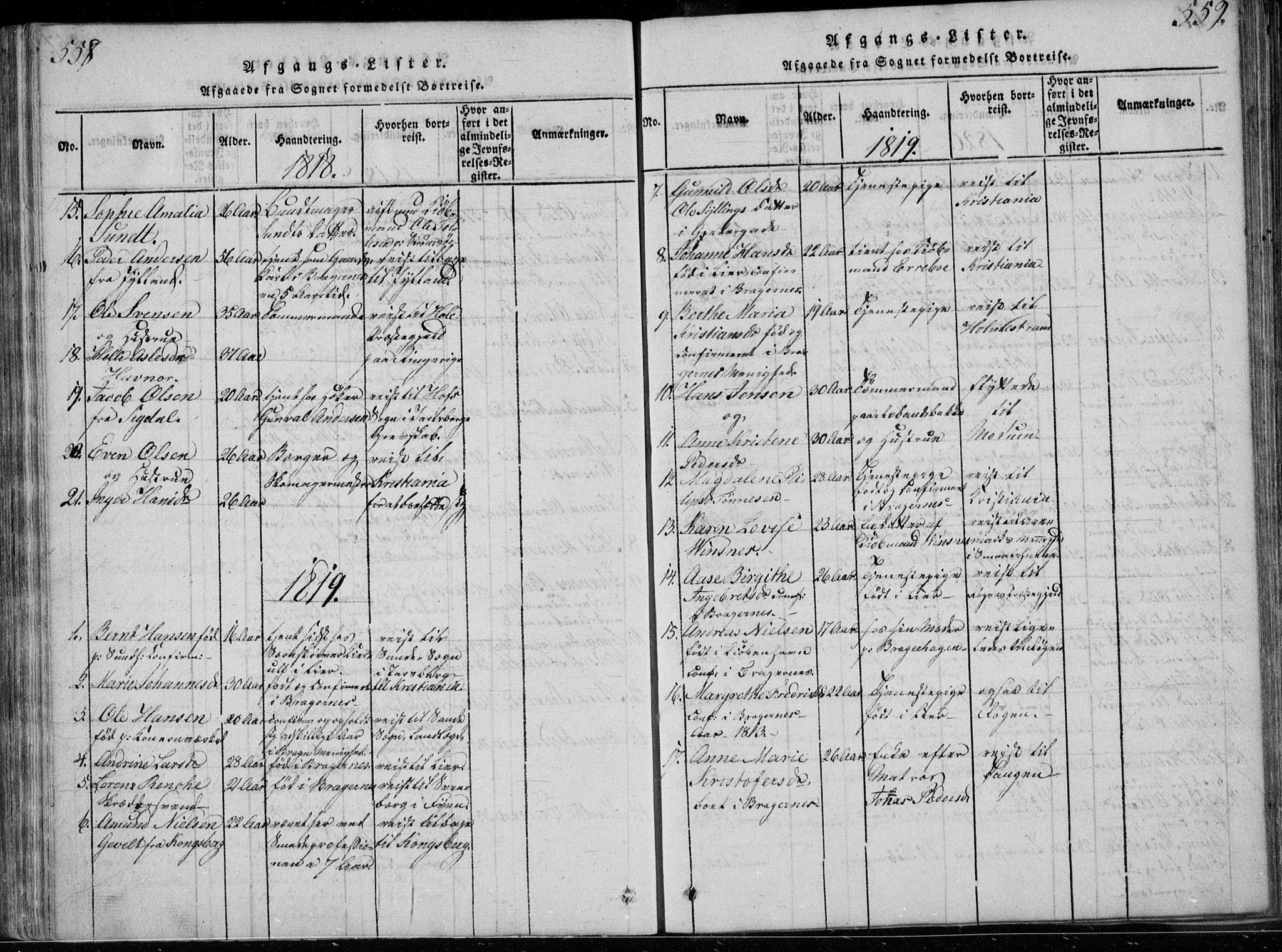 Bragernes kirkebøker, AV/SAKO-A-6/F/Fa/L0007: Parish register (official) no. I 7, 1815-1829, p. 558-559