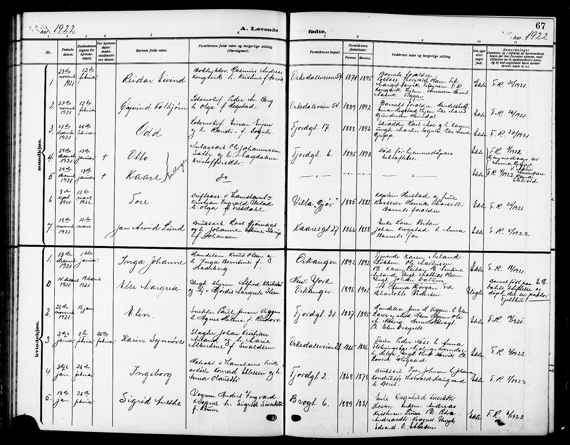 Ministerialprotokoller, klokkerbøker og fødselsregistre - Sør-Trøndelag, SAT/A-1456/669/L0831: Parish register (copy) no. 669C01, 1909-1924, p. 67
