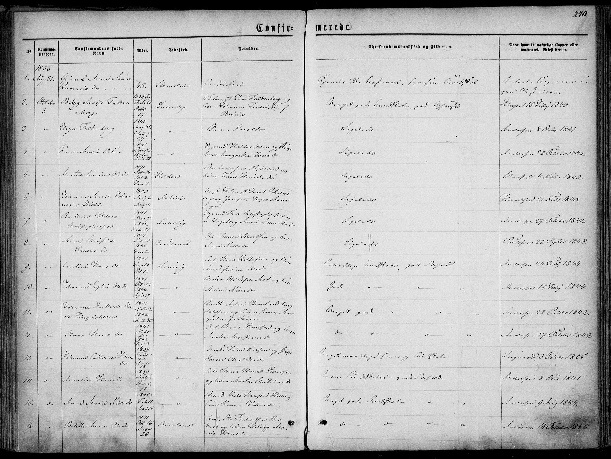 Larvik kirkebøker, AV/SAKO-A-352/F/Fa/L0004: Parish register (official) no. I 4, 1856-1870, p. 240