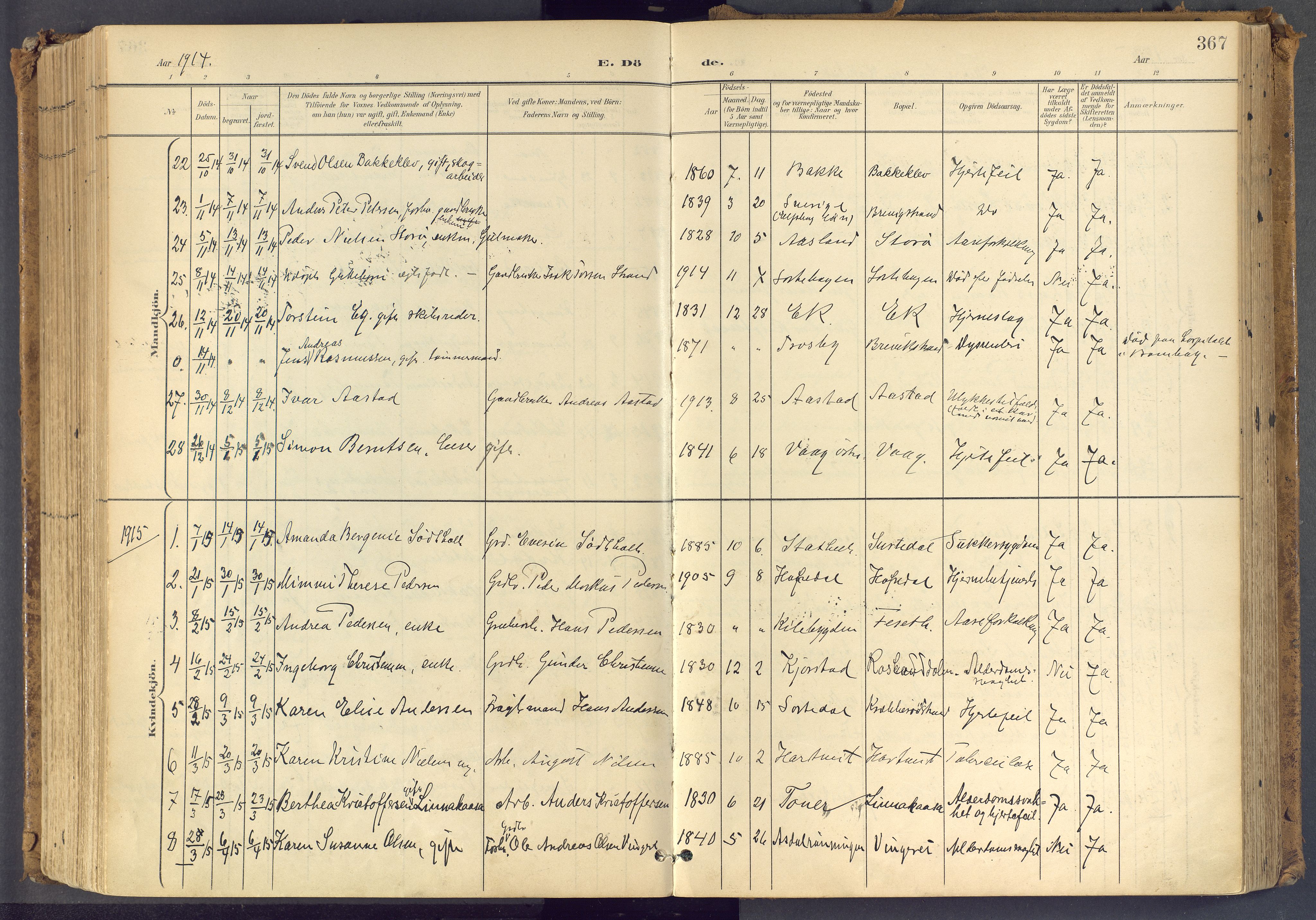 Bamble kirkebøker, SAKO/A-253/F/Fa/L0009: Parish register (official) no. I 9, 1901-1917, p. 367