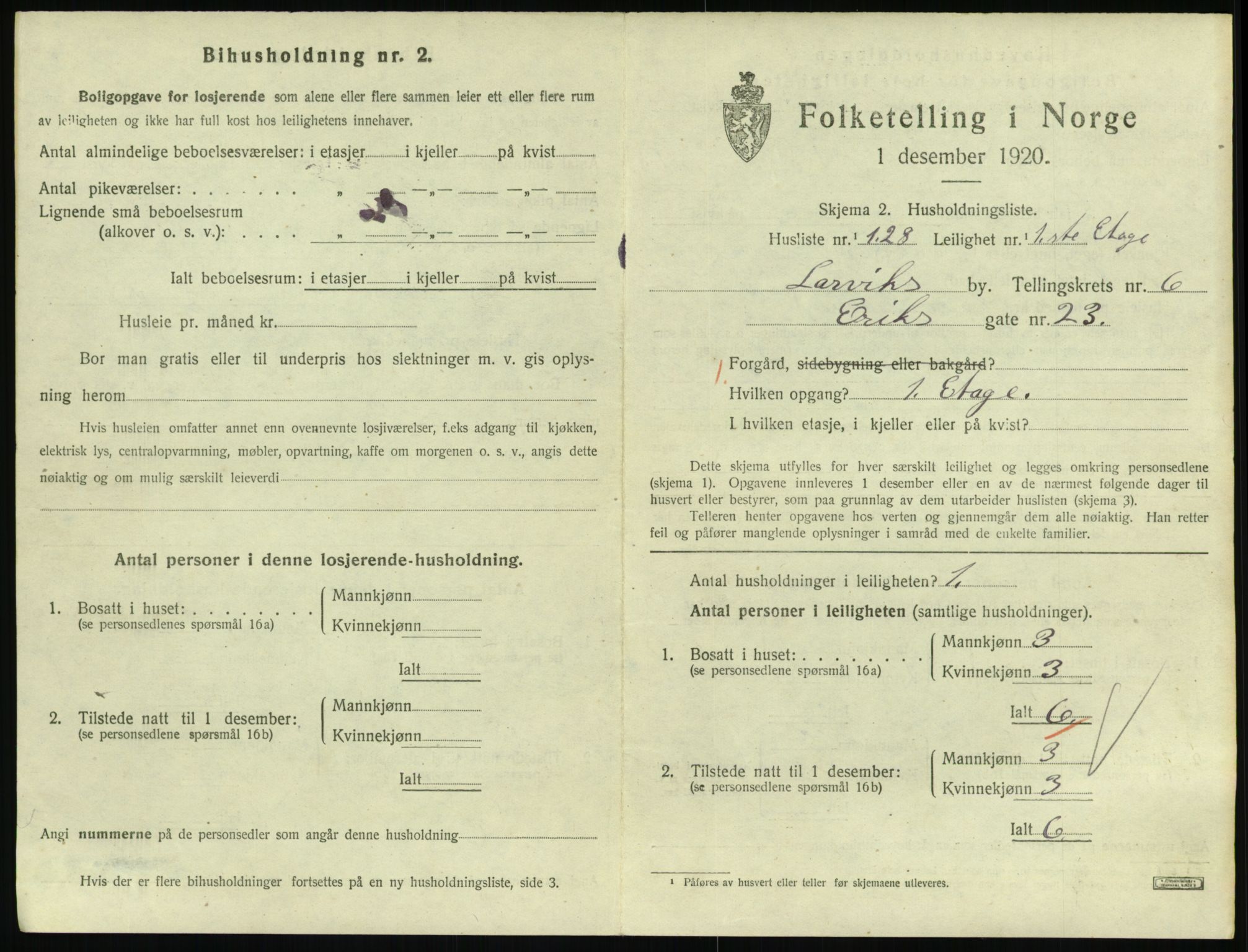 SAKO, 1920 census for Larvik, 1920, p. 5864