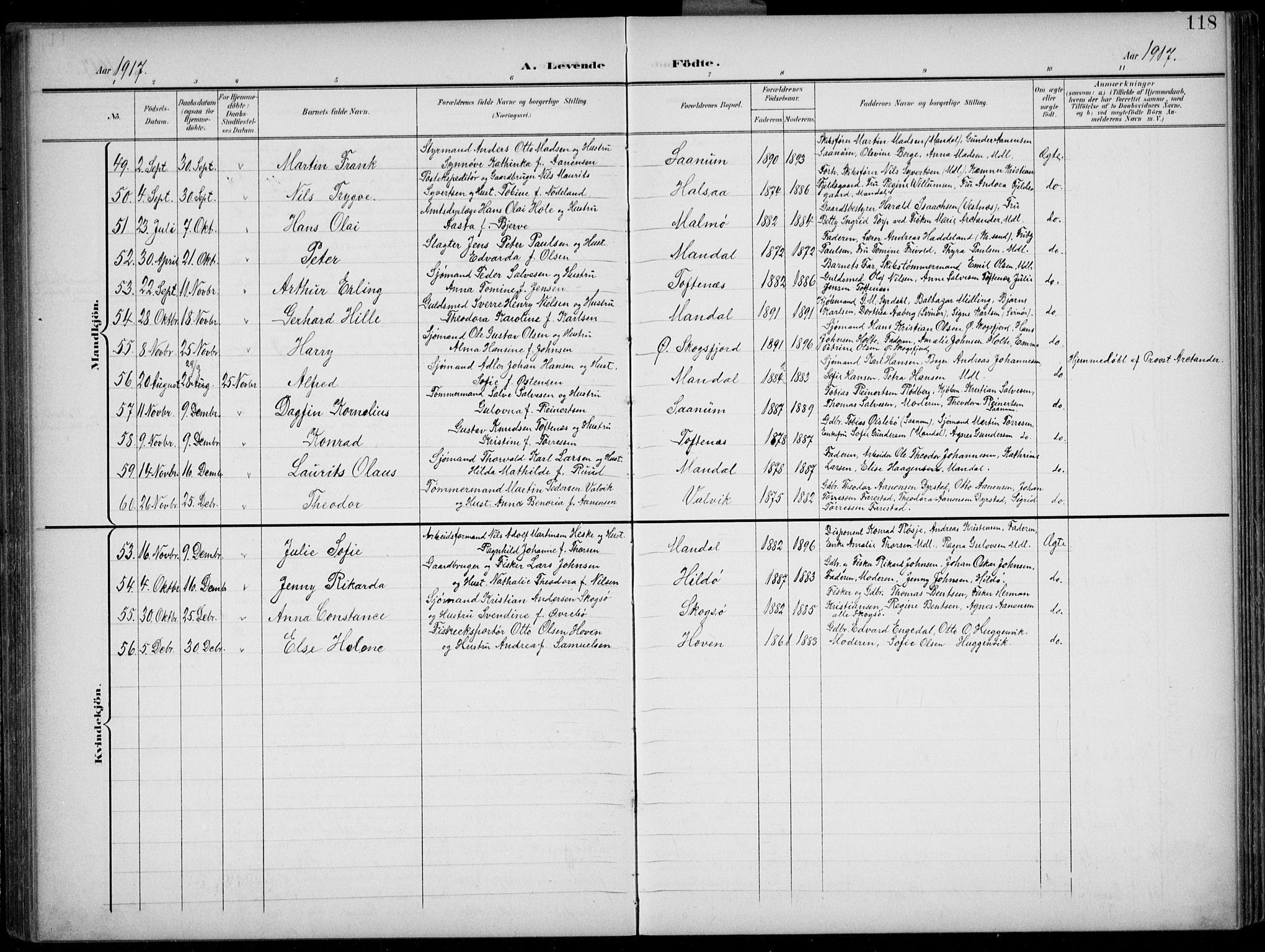 Mandal sokneprestkontor, AV/SAK-1111-0030/F/Fb/Fba/L0012: Parish register (copy) no. B 6, 1899-1918, p. 118