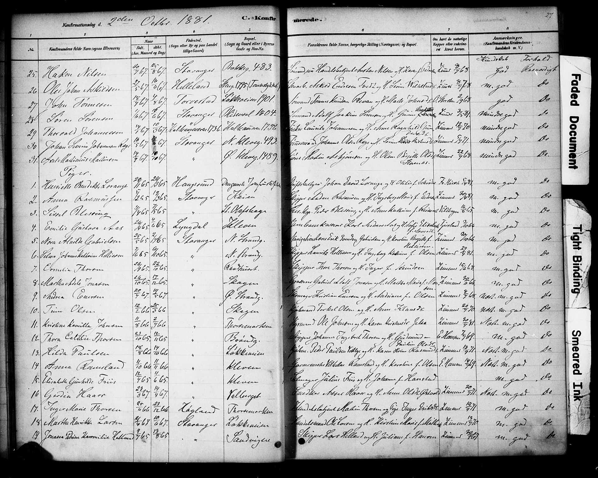 Domkirken sokneprestkontor, AV/SAST-A-101812/001/30/30BA/L0028: Parish register (official) no. A 27, 1878-1896, p. 27