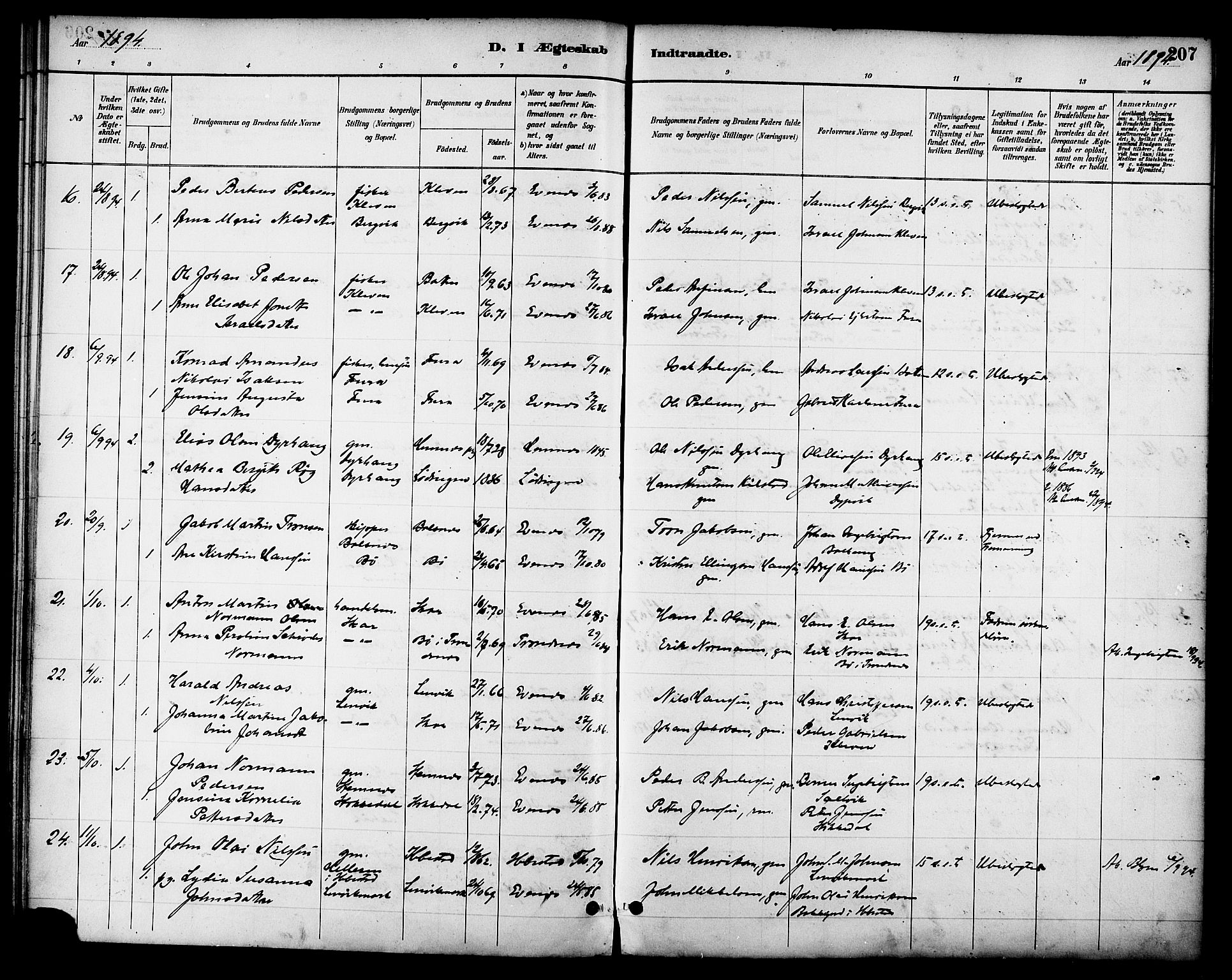 Ministerialprotokoller, klokkerbøker og fødselsregistre - Nordland, AV/SAT-A-1459/863/L0898: Parish register (official) no. 863A10, 1886-1897, p. 207