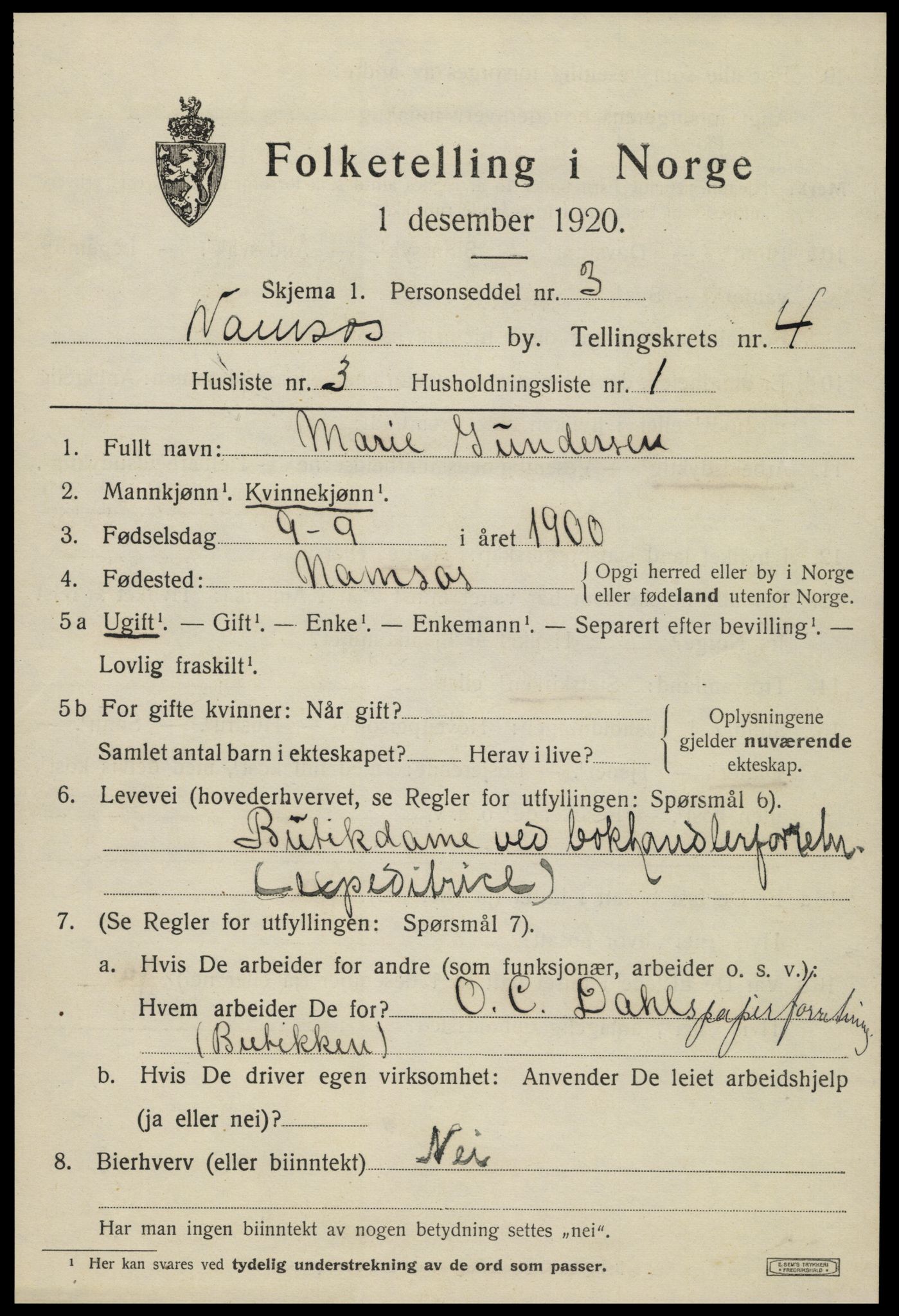 SAT, 1920 census for Namsos, 1920, p. 4857