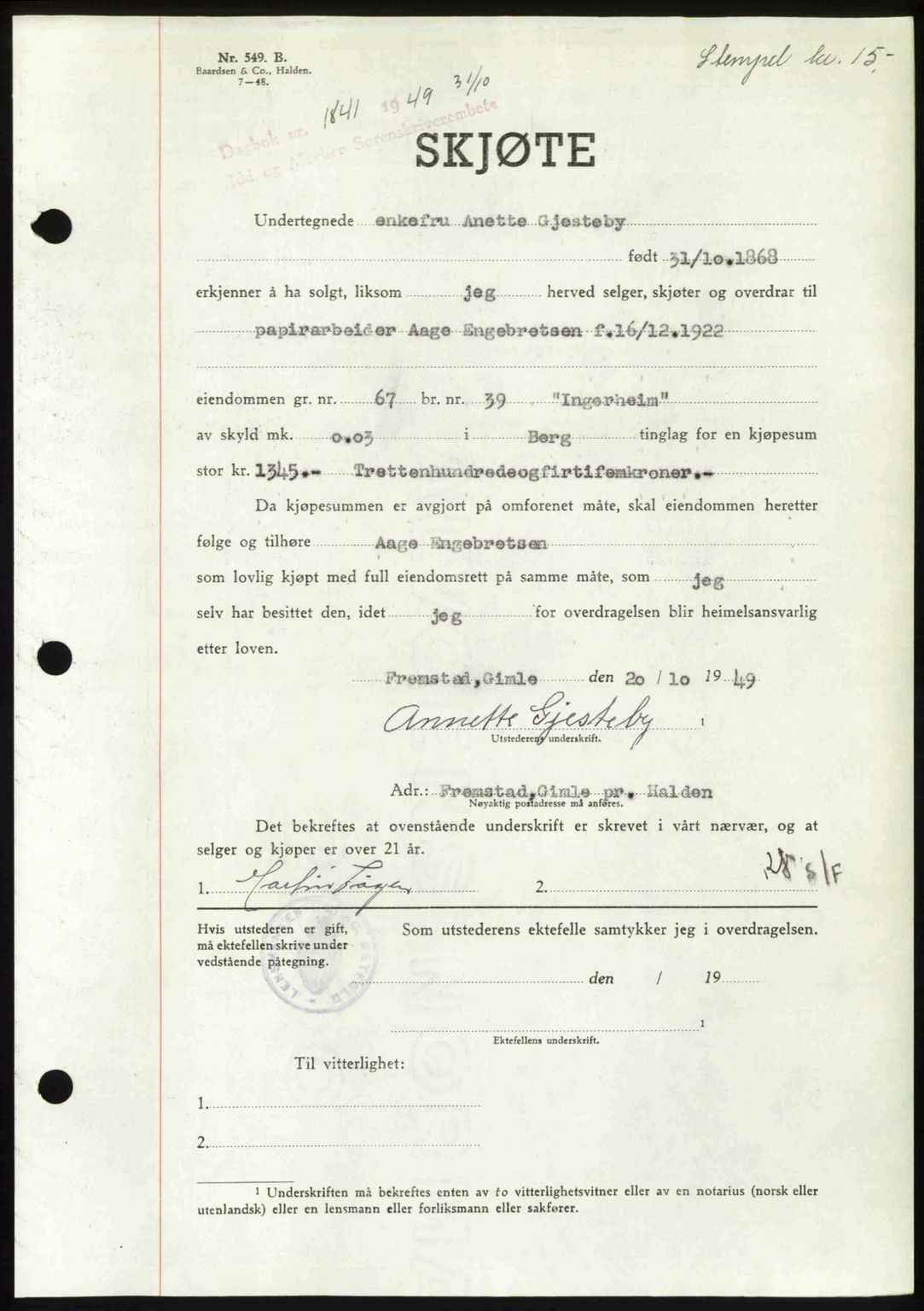 Idd og Marker sorenskriveri, AV/SAO-A-10283/G/Gb/Gbb/L0013: Mortgage book no. A13, 1949-1950, Diary no: : 1841/1949