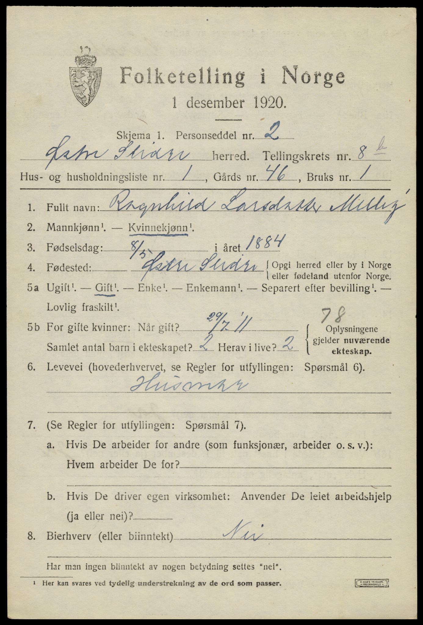 SAH, 1920 census for Øystre Slidre, 1920, p. 5343