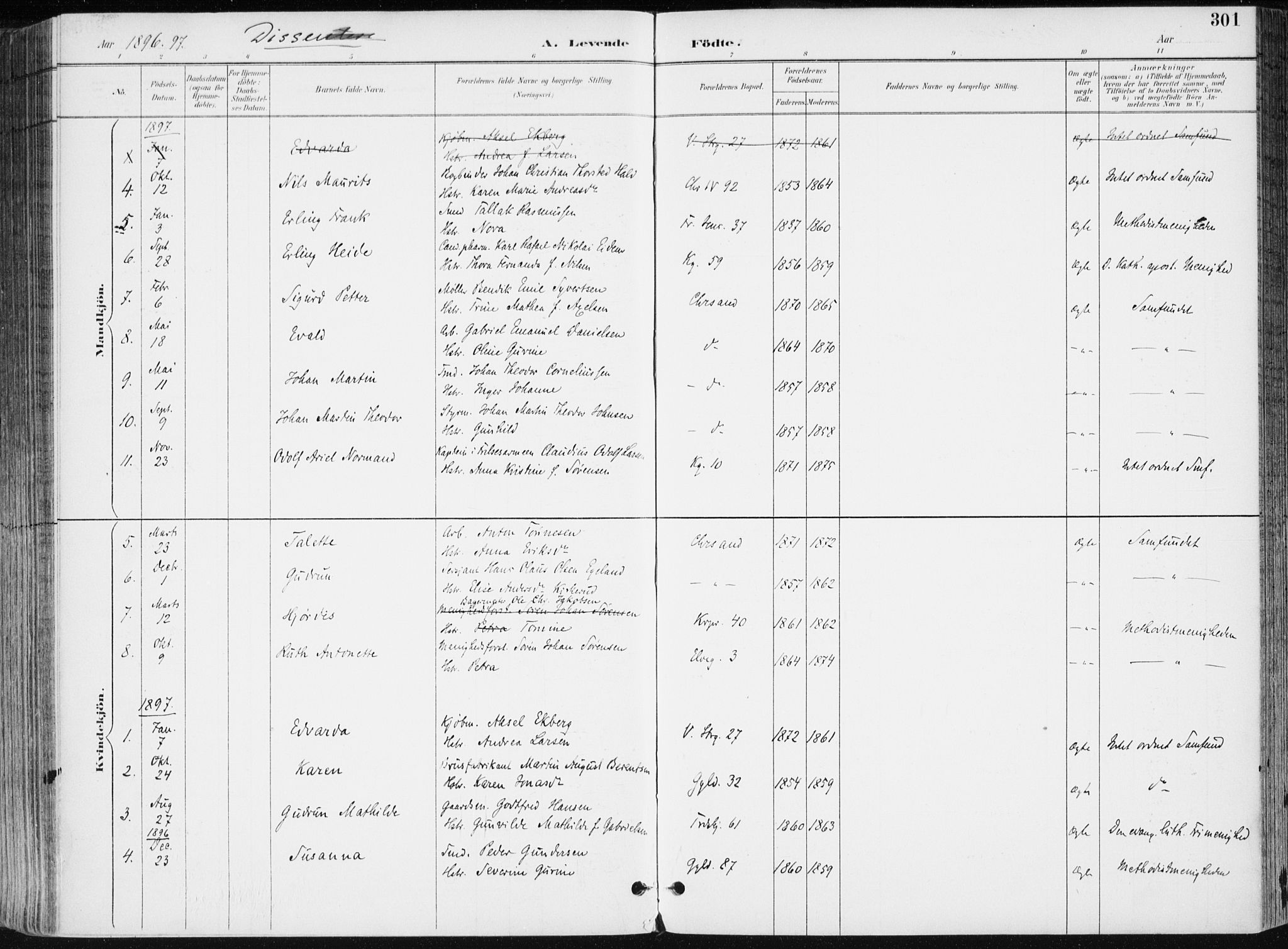 Kristiansand domprosti, SAK/1112-0006/F/Fa/L0019: Parish register (official) no. A 18, 1890-1897, p. 301