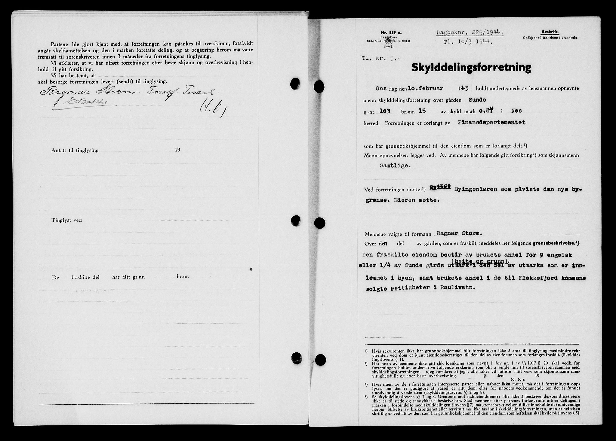 Flekkefjord sorenskriveri, SAK/1221-0001/G/Gb/Gba/L0059: Mortgage book no. A-7, 1944-1945, Diary no: : 225/1944