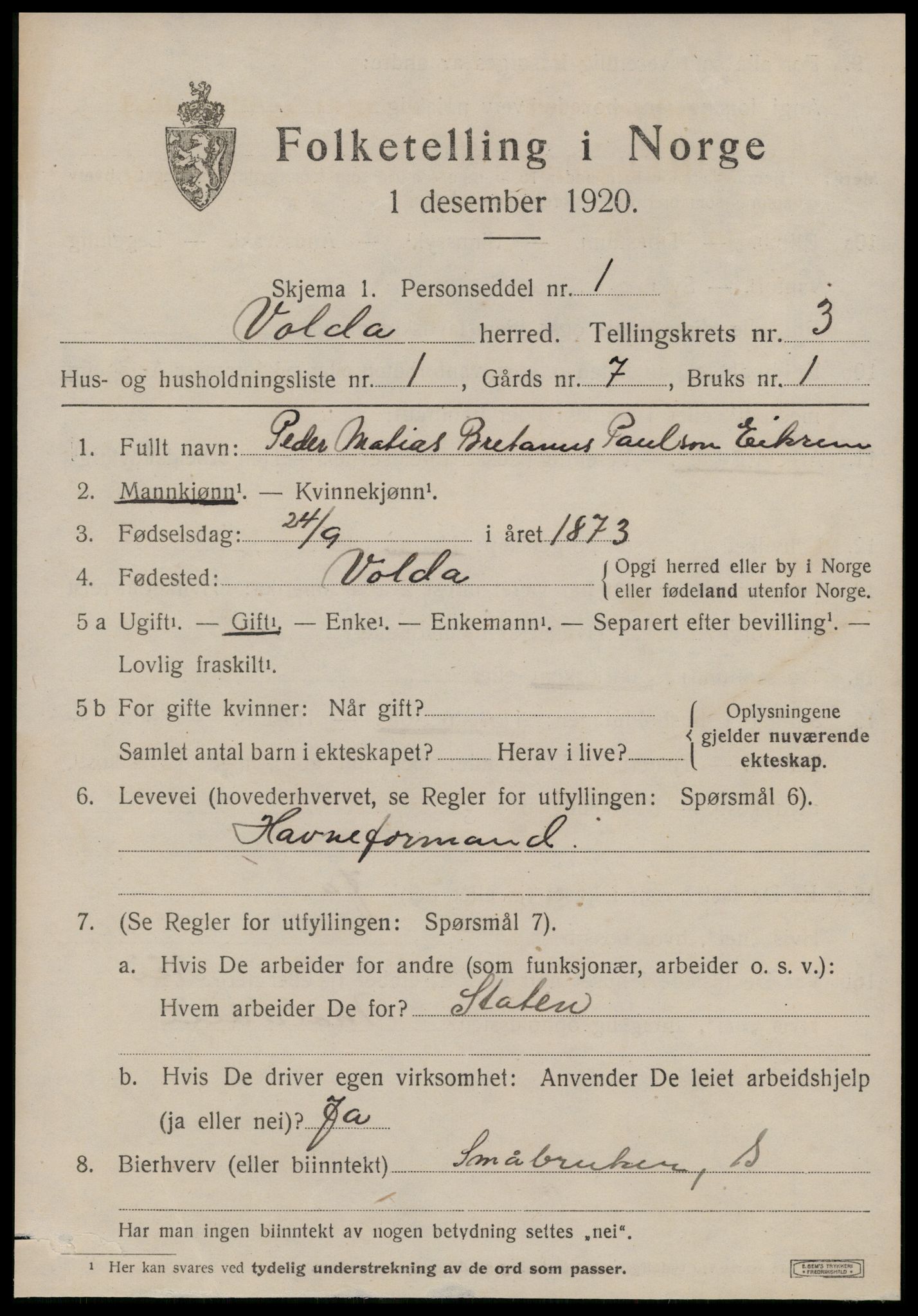 SAT, 1920 census for Volda, 1920, p. 2318