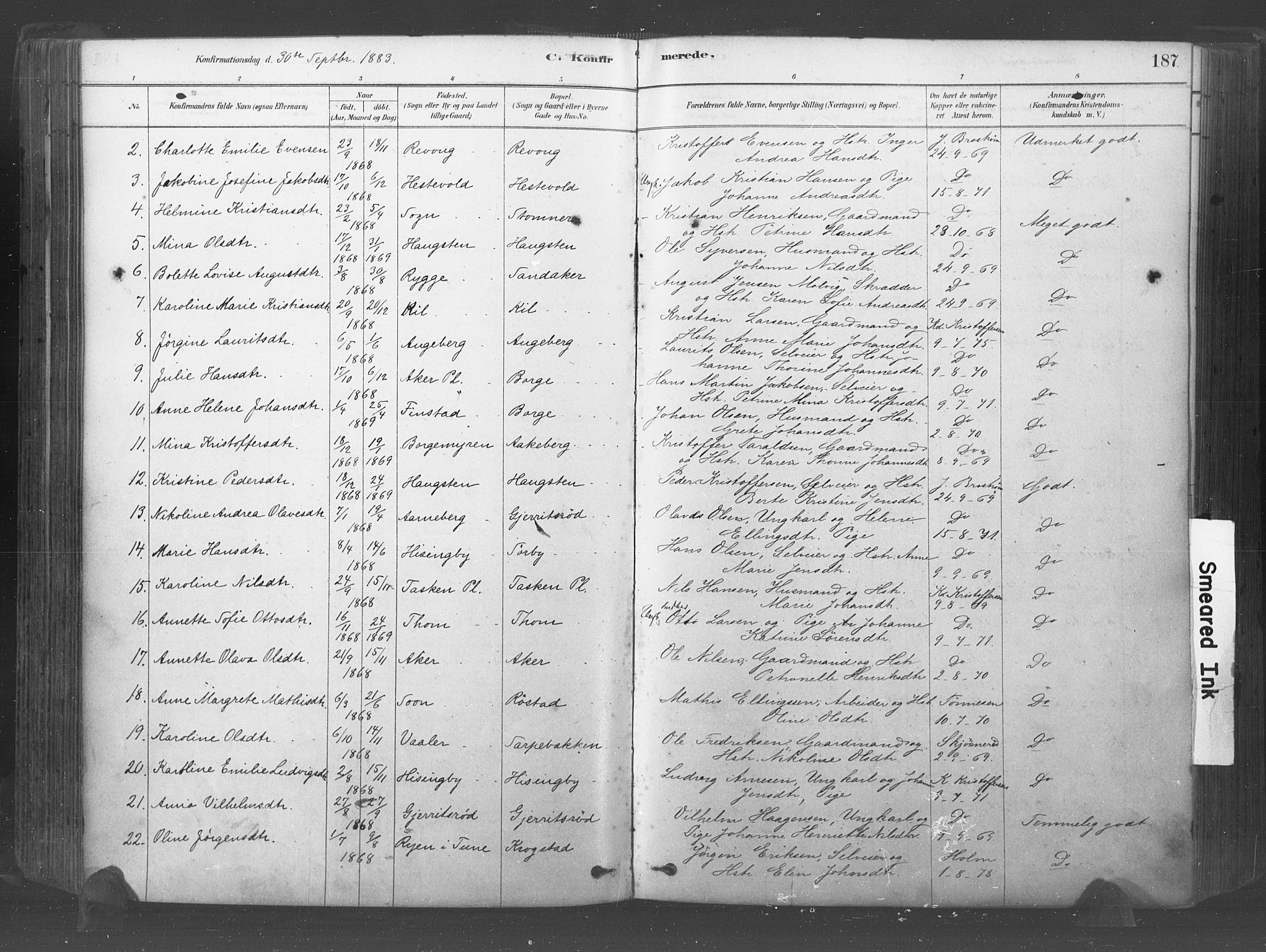 Råde prestekontor kirkebøker, SAO/A-2009/F/Fa/L0007: Parish register (official) no. 7, 1878-1902, p. 187