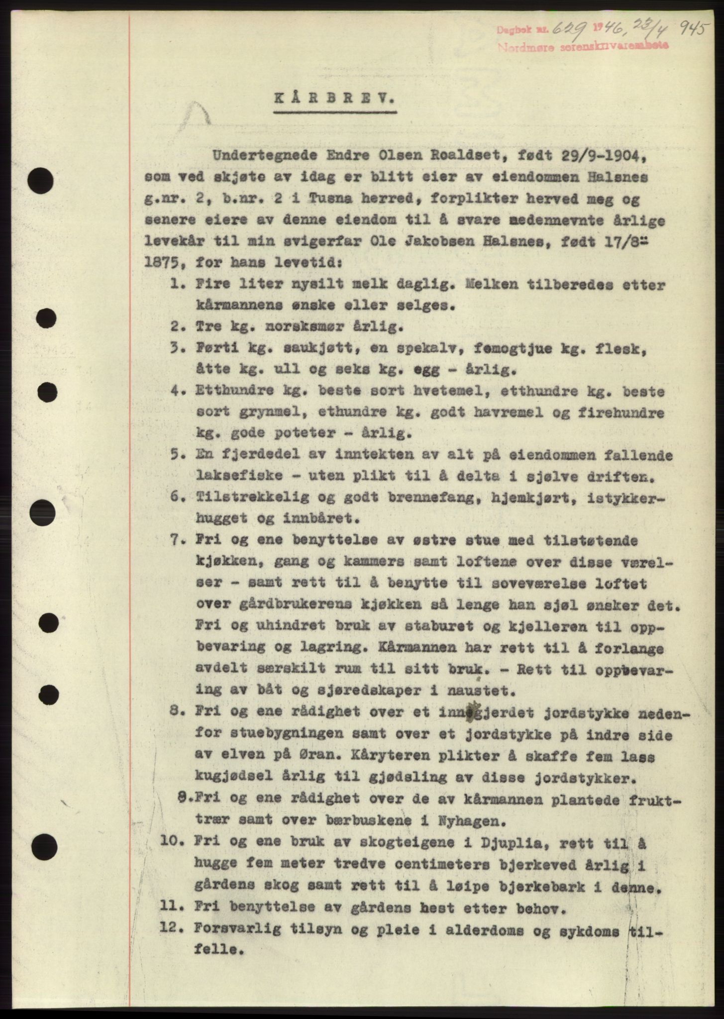 Nordmøre sorenskriveri, AV/SAT-A-4132/1/2/2Ca: Mortgage book no. B93b, 1946-1946, Diary no: : 629/1946