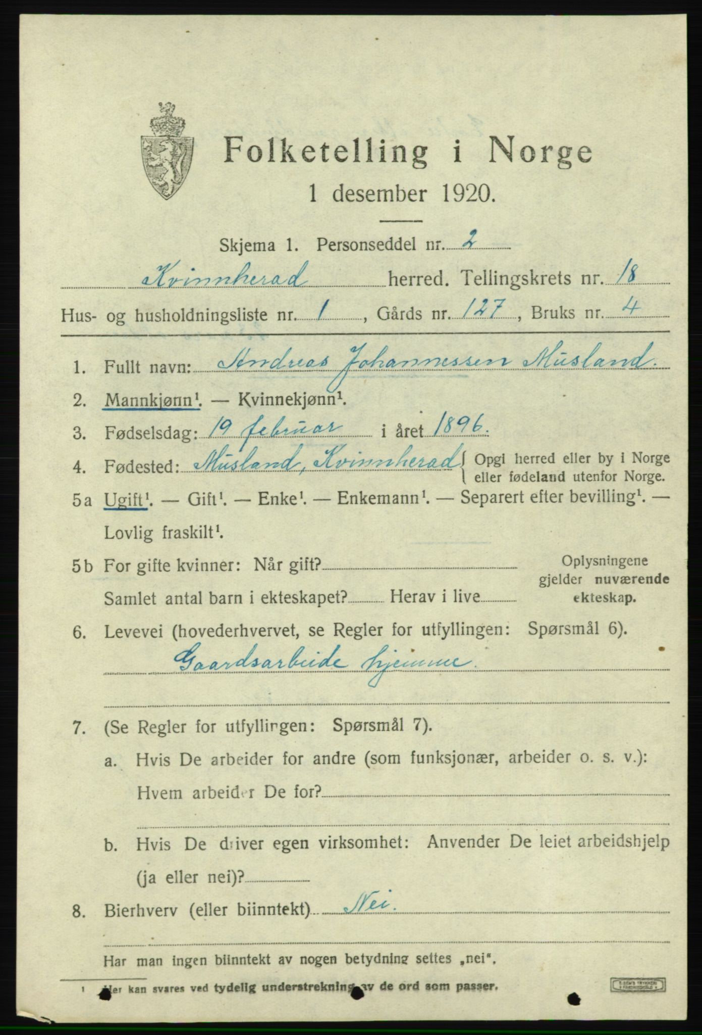 SAB, 1920 census for Kvinnherad, 1920, p. 11594