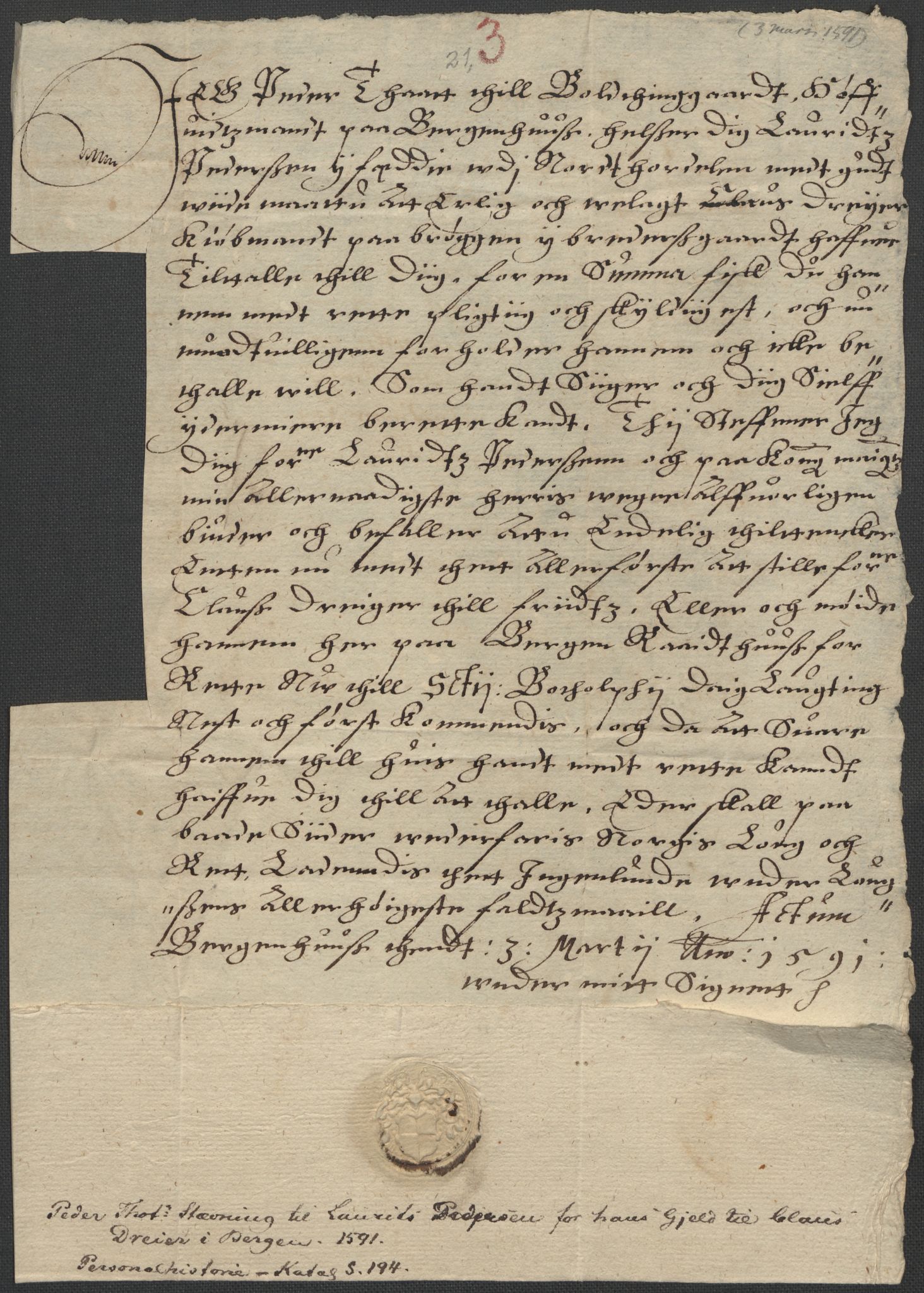 Riksarkivets diplomsamling, RA/EA-5965/F02/L0093: Dokumenter, 1591, p. 45