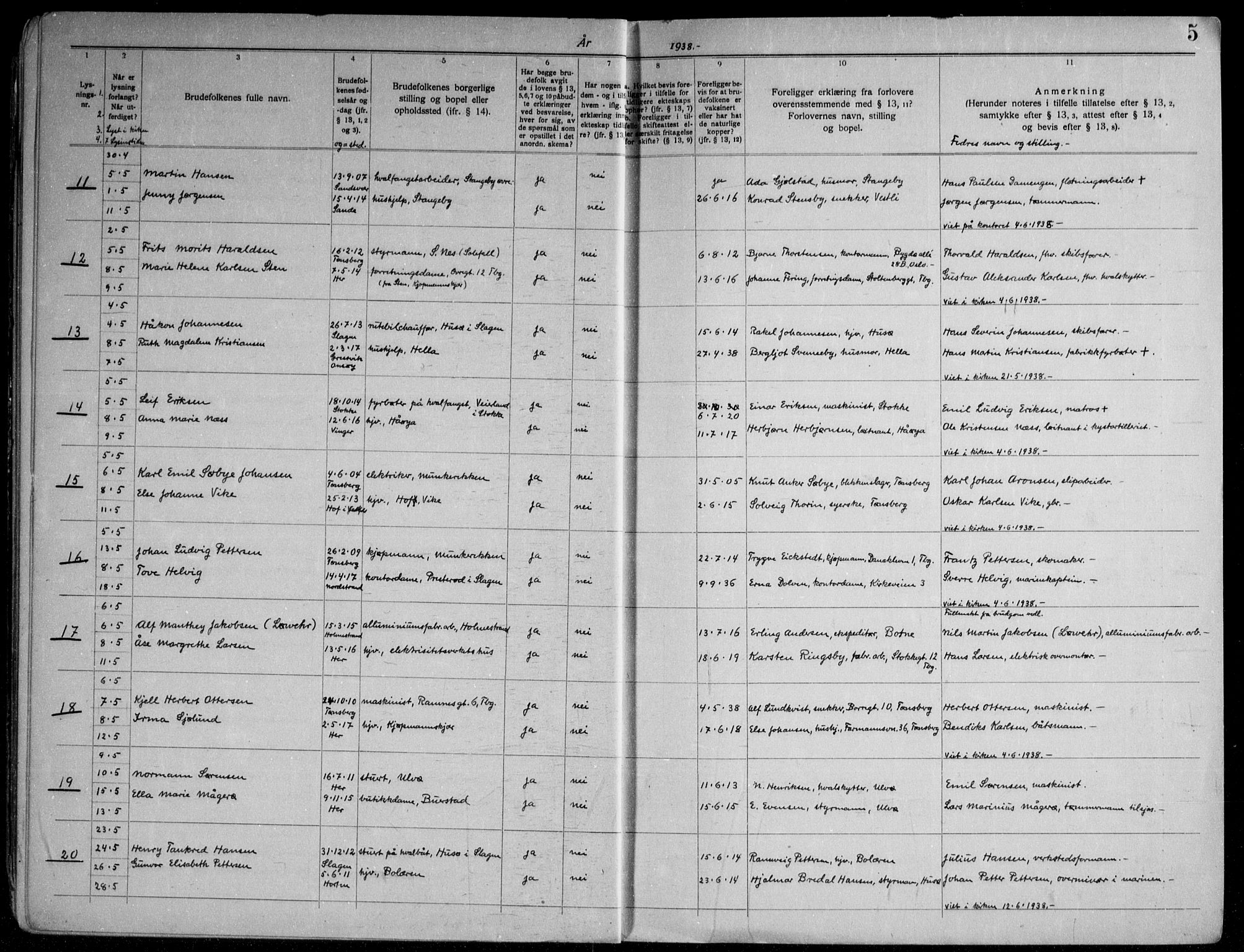 Nøtterøy kirkebøker, AV/SAKO-A-354/H/Ha/L0002: Banns register no. 2, 1937-1952, p. 5