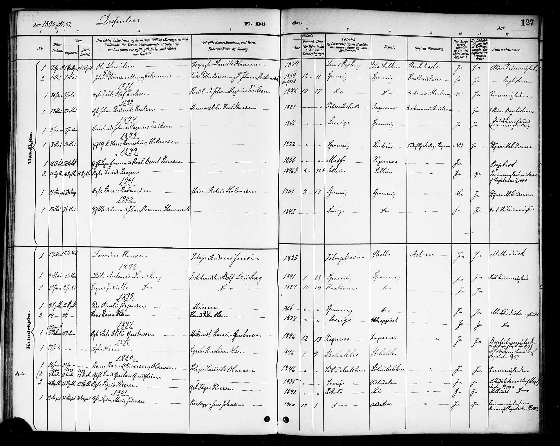 Berg prestekontor Kirkebøker, AV/SAO-A-10902/F/Fa/L0007: Parish register (official) no. I 7, 1888-1902, p. 127