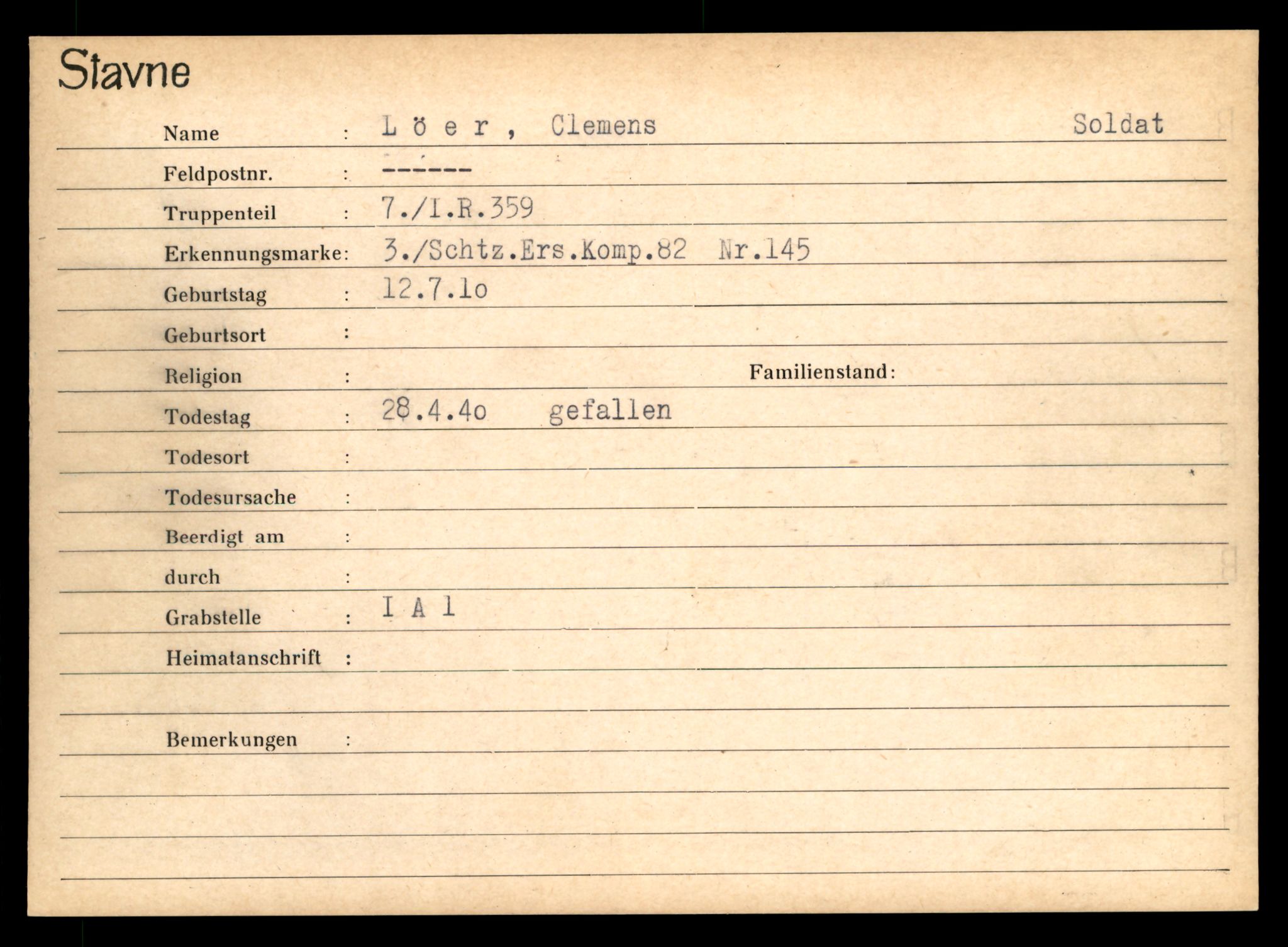 Distriktskontoret for krigsgraver, AV/SAT-A-5030/E/L0003: Kasett/kartotek over tysk Krigskirkegård Stavne, 1945, p. 879