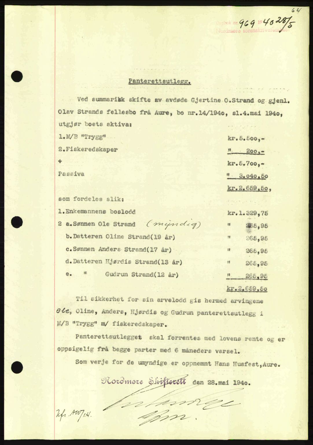 Nordmøre sorenskriveri, AV/SAT-A-4132/1/2/2Ca: Mortgage book no. B87, 1940-1941, Diary no: : 969/1940