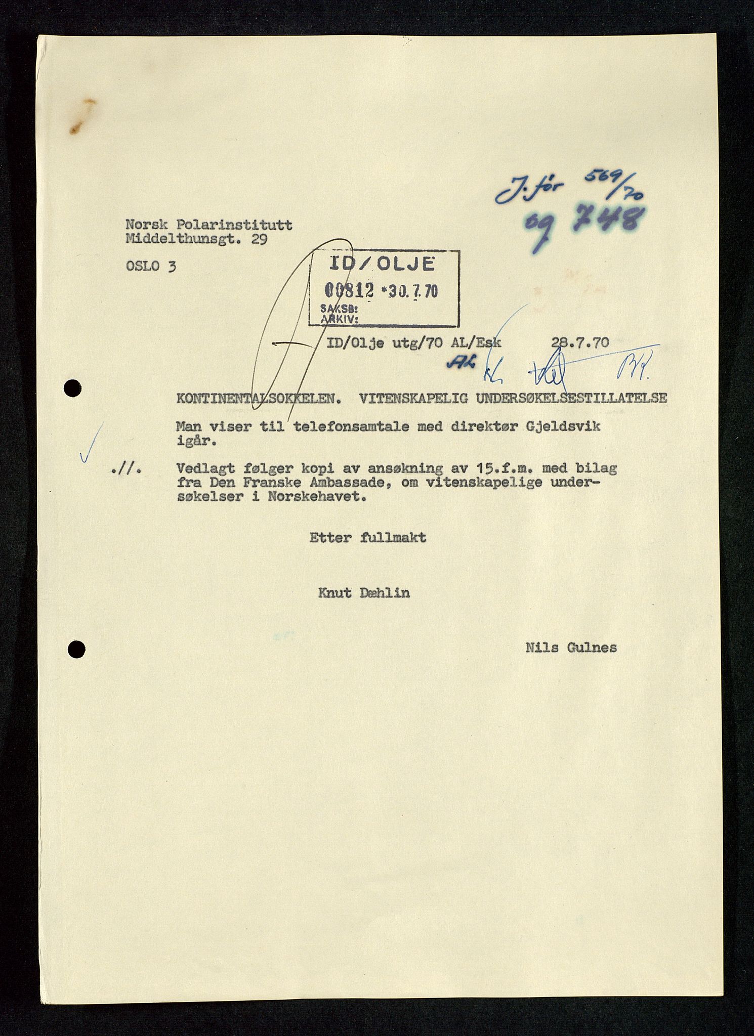 Industridepartementet, Oljekontoret, SAST/A-101348/Da/L0004: Arkivnøkkel 711 - 712 Utvinningstillatelser, 1970-1971, p. 401