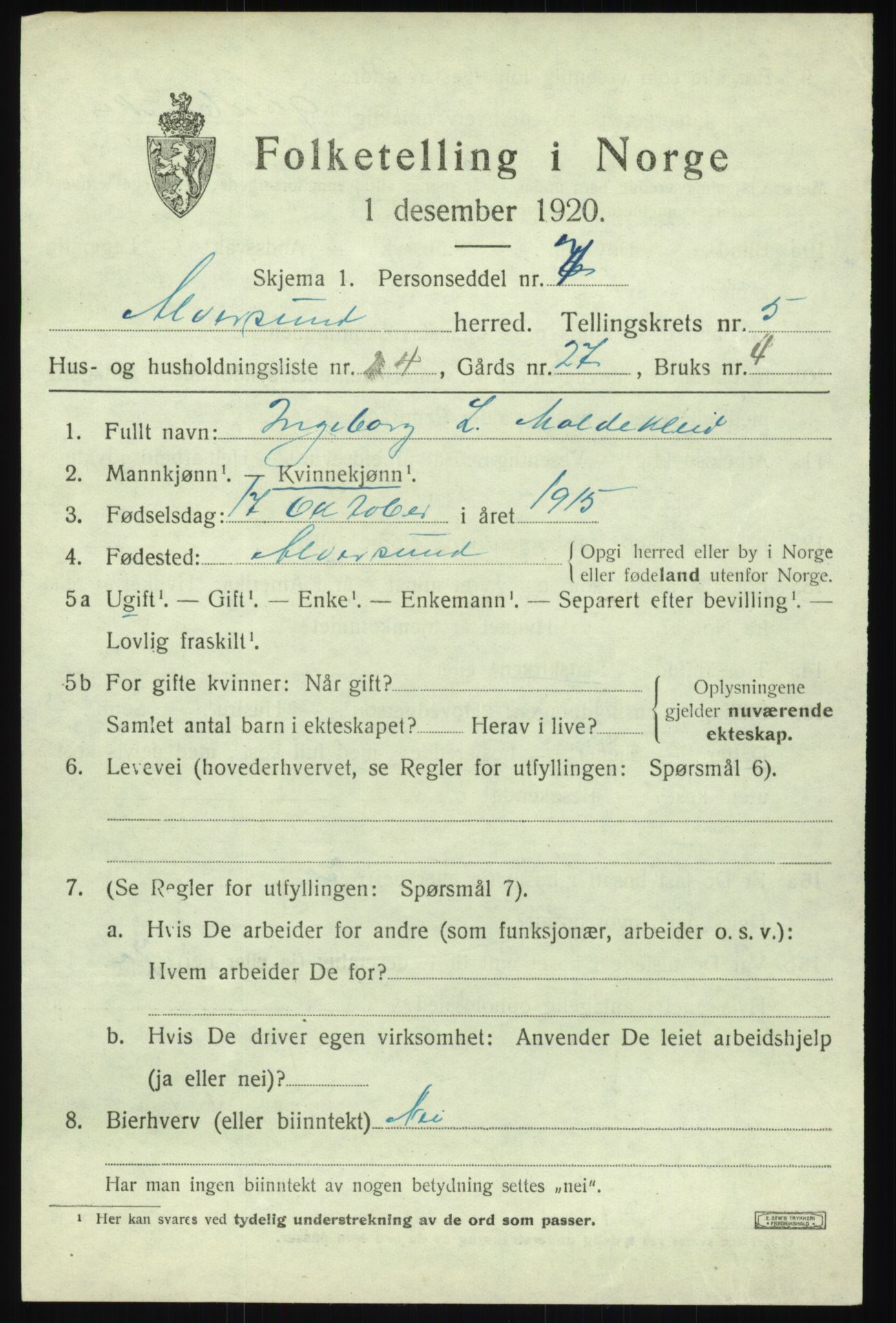 SAB, 1920 census for Alversund, 1920, p. 4306