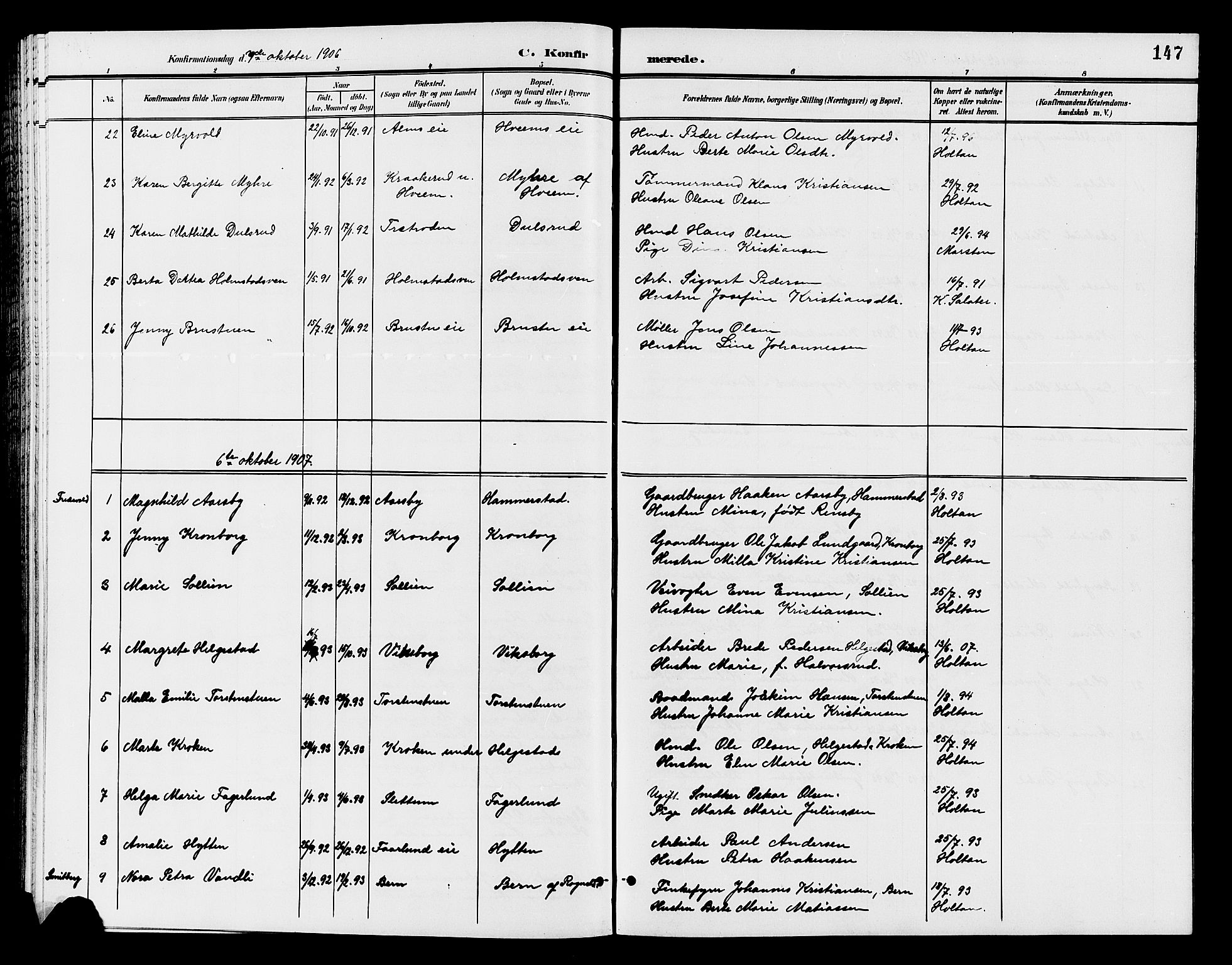 Østre Toten prestekontor, AV/SAH-PREST-104/H/Ha/Hab/L0007: Parish register (copy) no. 7, 1901-1912, p. 147