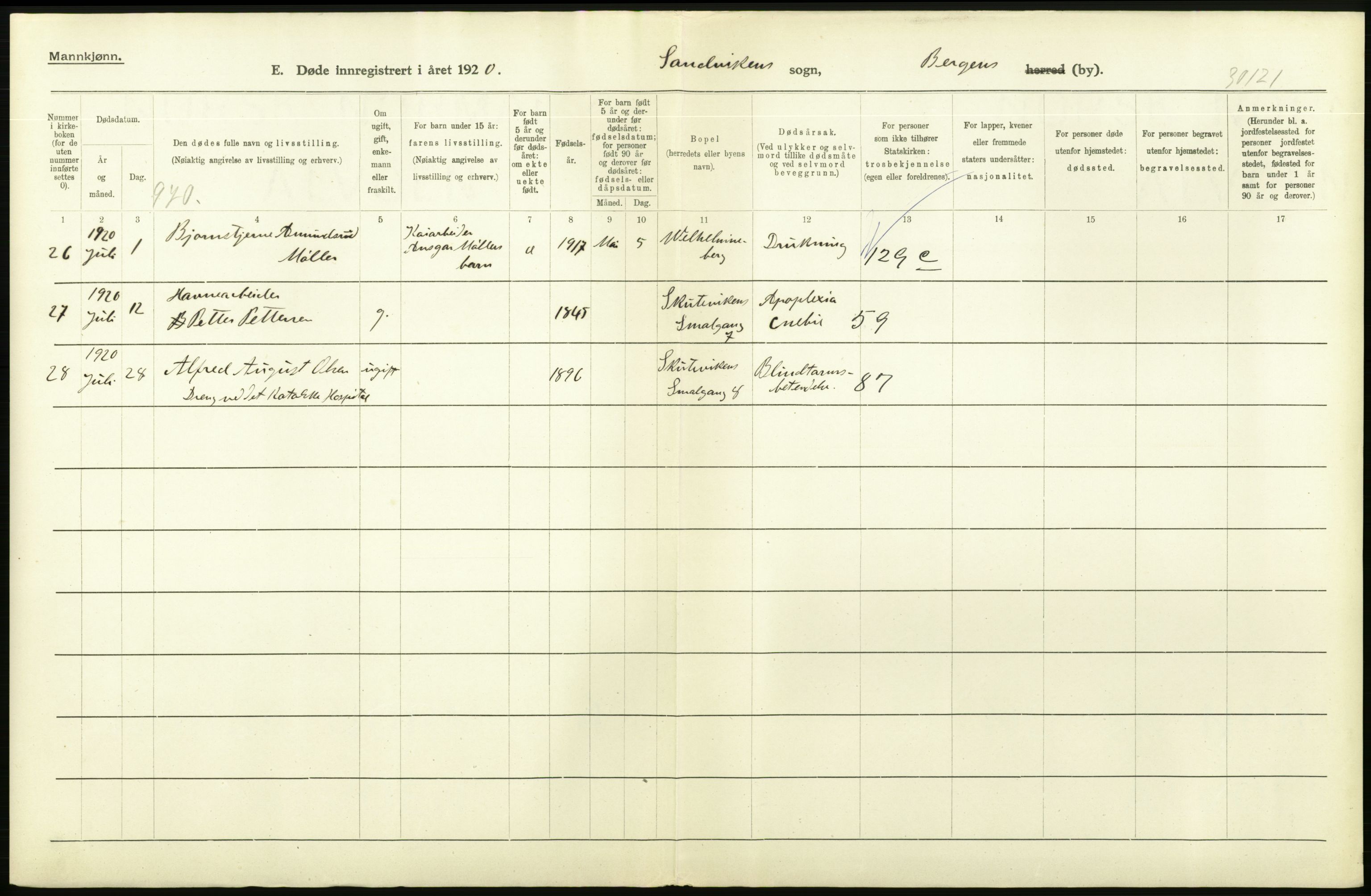 Statistisk sentralbyrå, Sosiodemografiske emner, Befolkning, AV/RA-S-2228/D/Df/Dfb/Dfbj/L0042: Bergen: Gifte, døde, dødfødte., 1920, p. 462