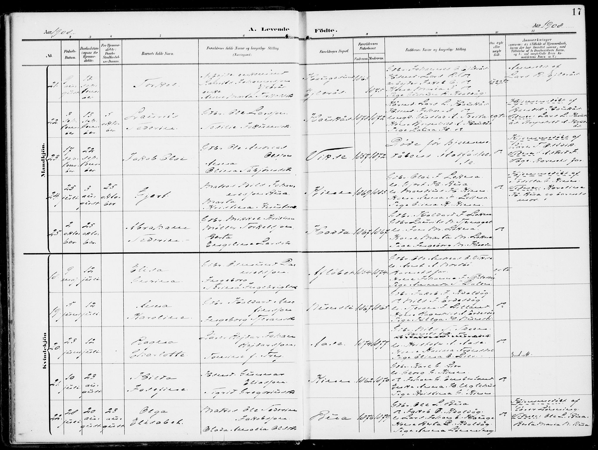 Sveio Sokneprestembete, AV/SAB-A-78501/H/Haa: Parish register (official) no. B  4, 1906-1919, p. 17