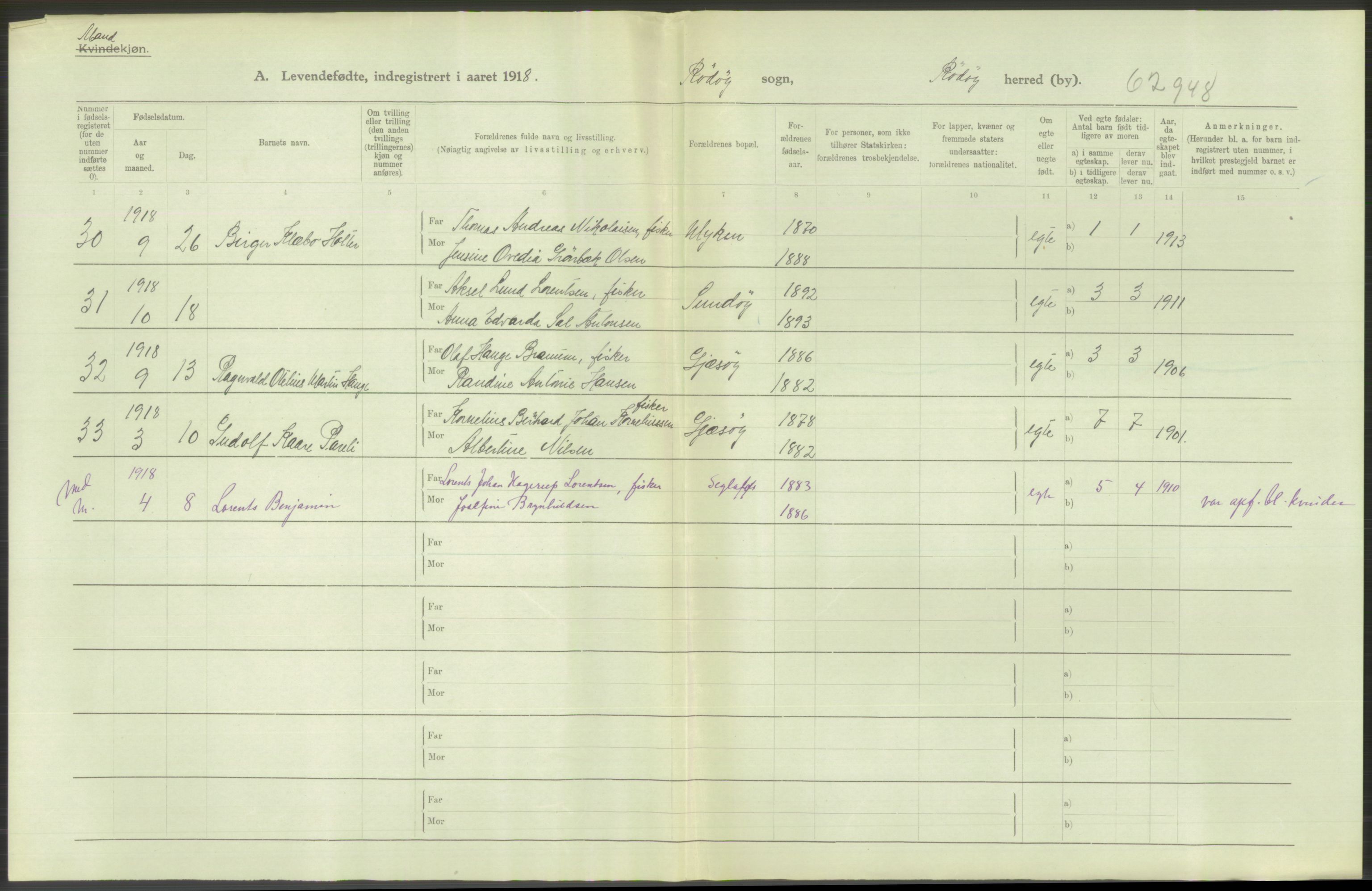 Statistisk sentralbyrå, Sosiodemografiske emner, Befolkning, RA/S-2228/D/Df/Dfb/Dfbh/L0052: Nordland fylke: Levendefødte menn og kvinner. Bygder., 1918, p. 566