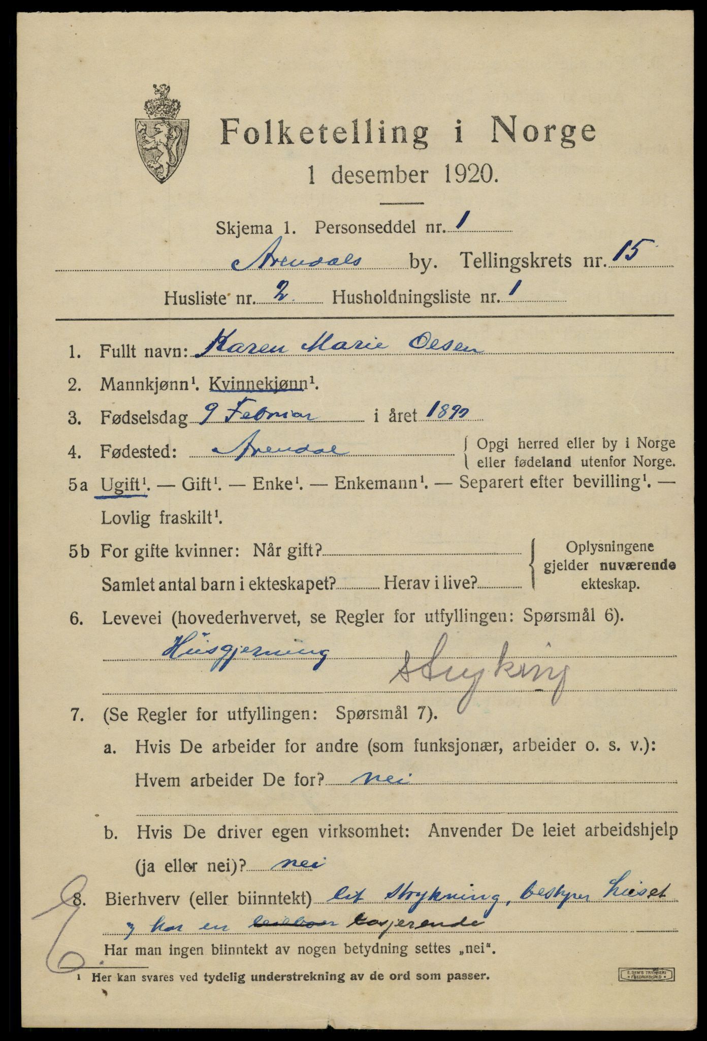 SAK, 1920 census for Arendal, 1920, p. 22332