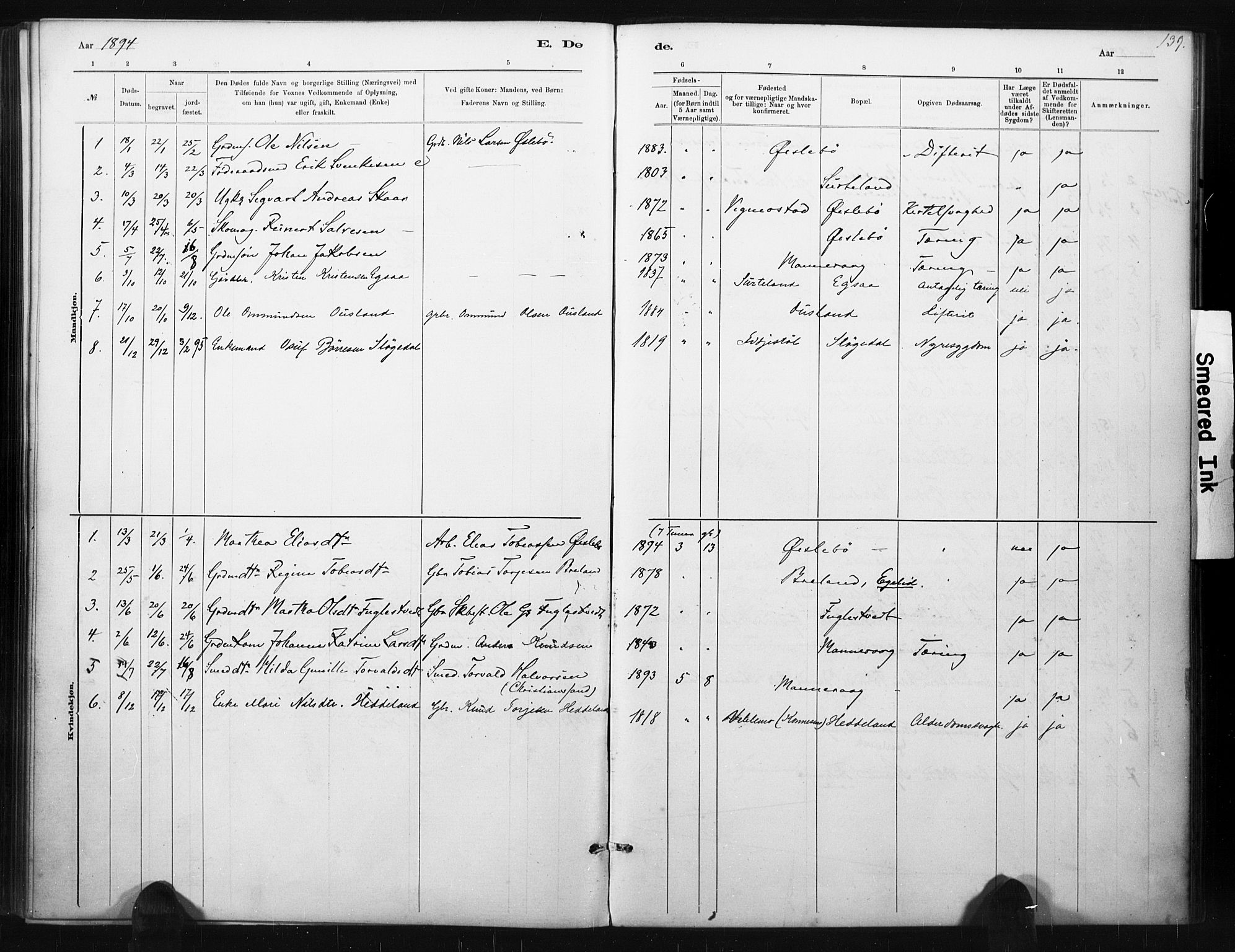 Holum sokneprestkontor, AV/SAK-1111-0022/F/Fa/Fac/L0004: Parish register (official) no. A 4, 1884-1907, p. 139