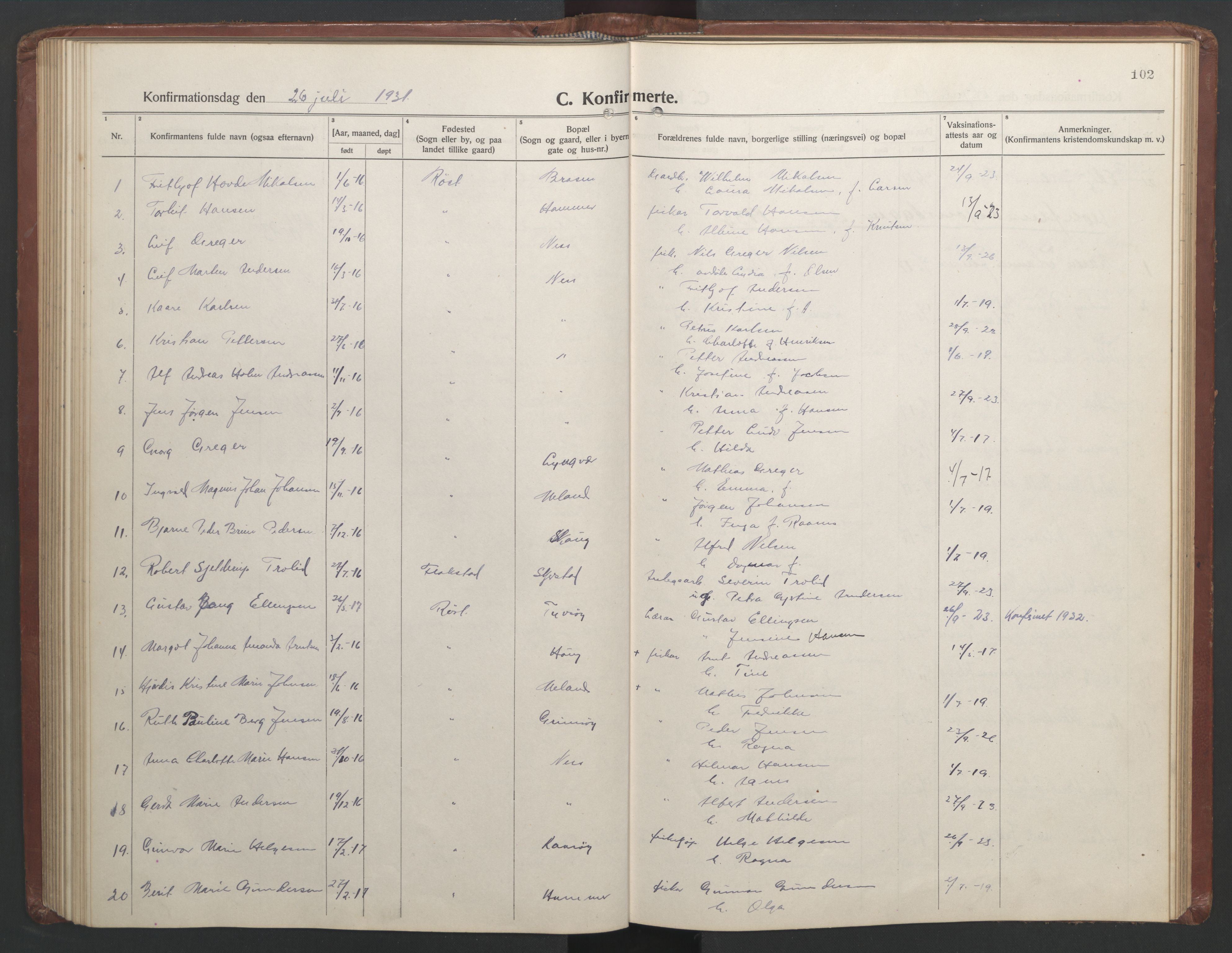 Ministerialprotokoller, klokkerbøker og fødselsregistre - Nordland, AV/SAT-A-1459/808/L0132: Parish register (copy) no. 808C03, 1920-1946, p. 102