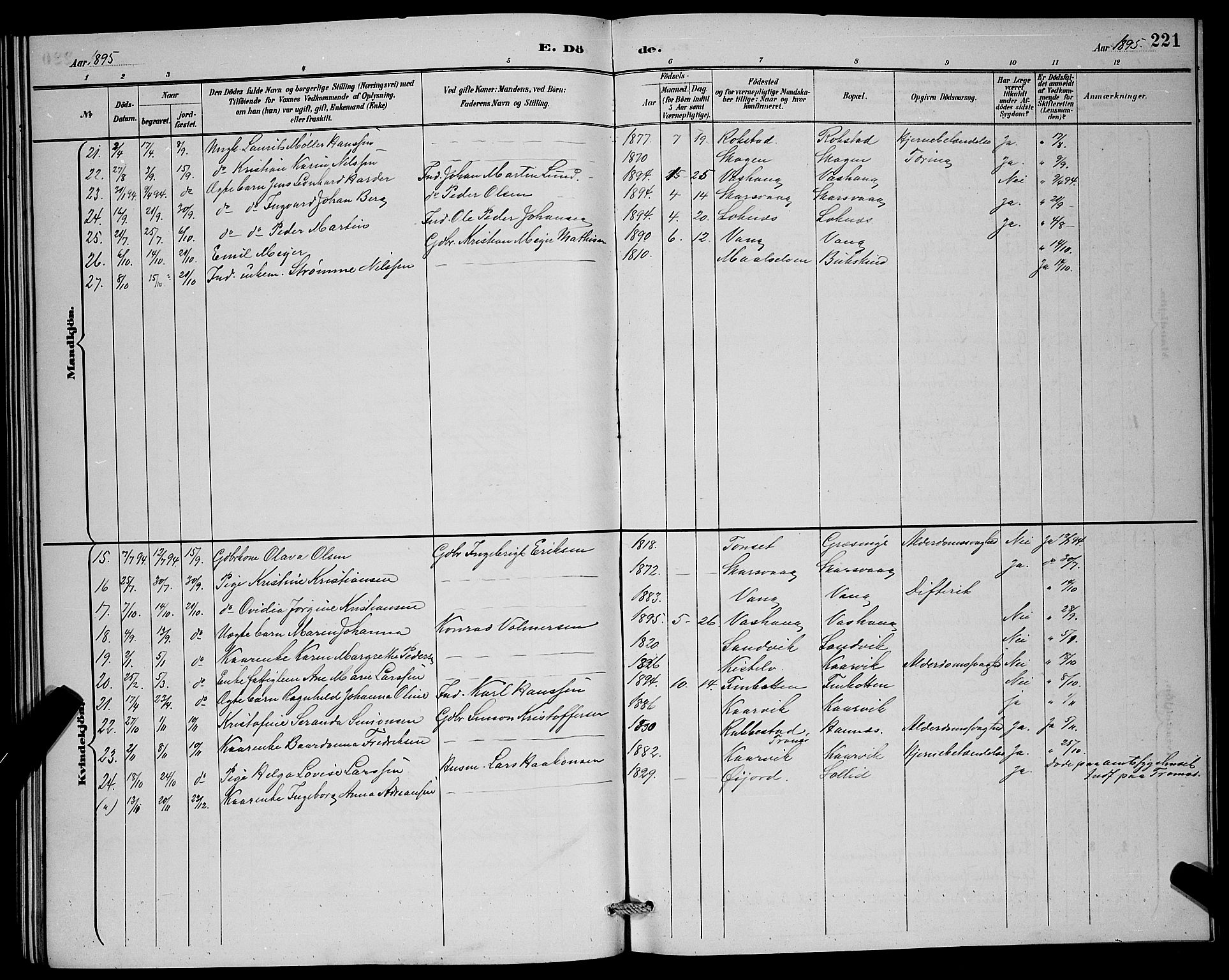 Lenvik sokneprestembete, SATØ/S-1310/H/Ha/Hab/L0007klokker: Parish register (copy) no. 7, 1890-1898, p. 221