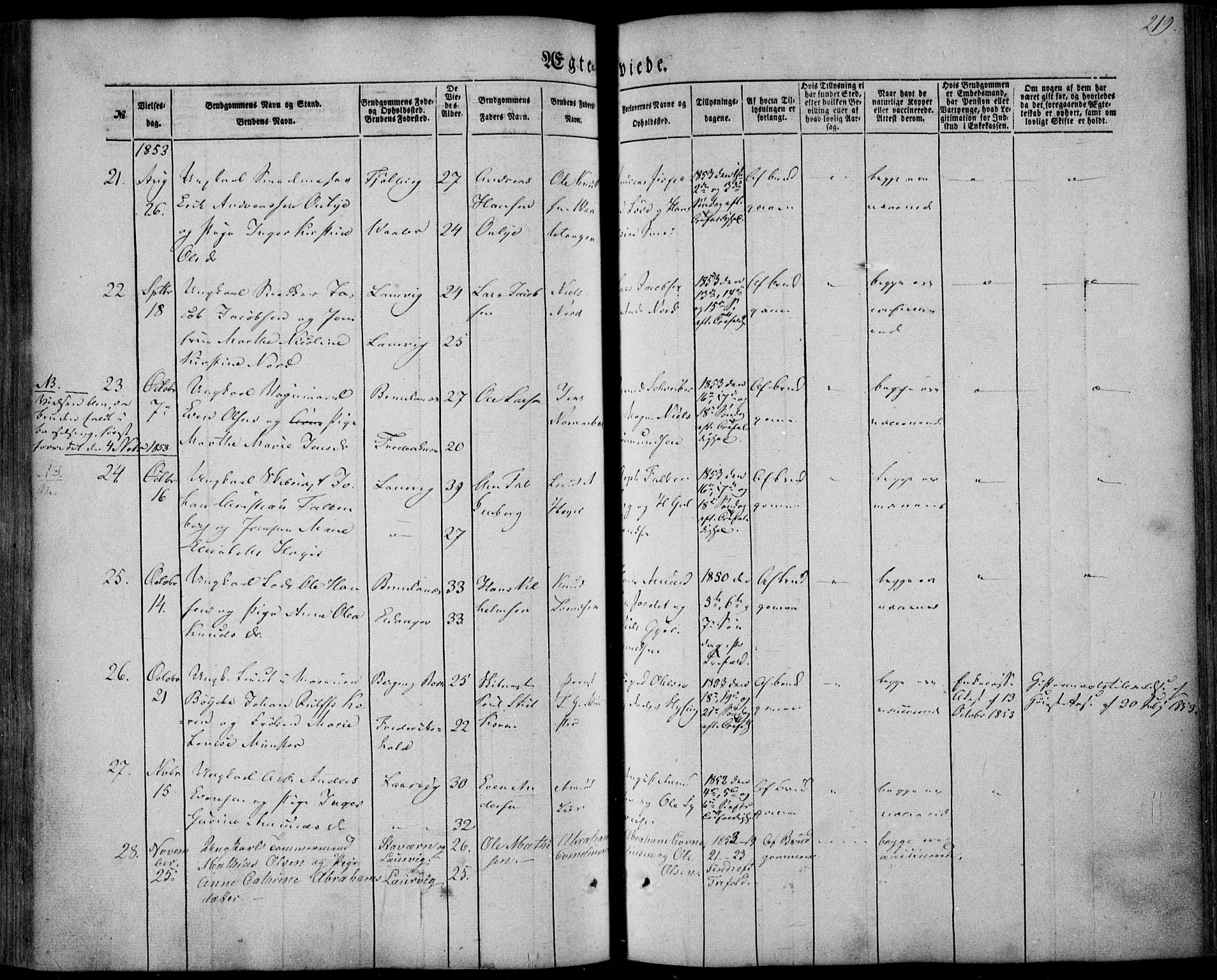 Larvik kirkebøker, AV/SAKO-A-352/F/Fa/L0003: Parish register (official) no. I 3, 1848-1856, p. 219