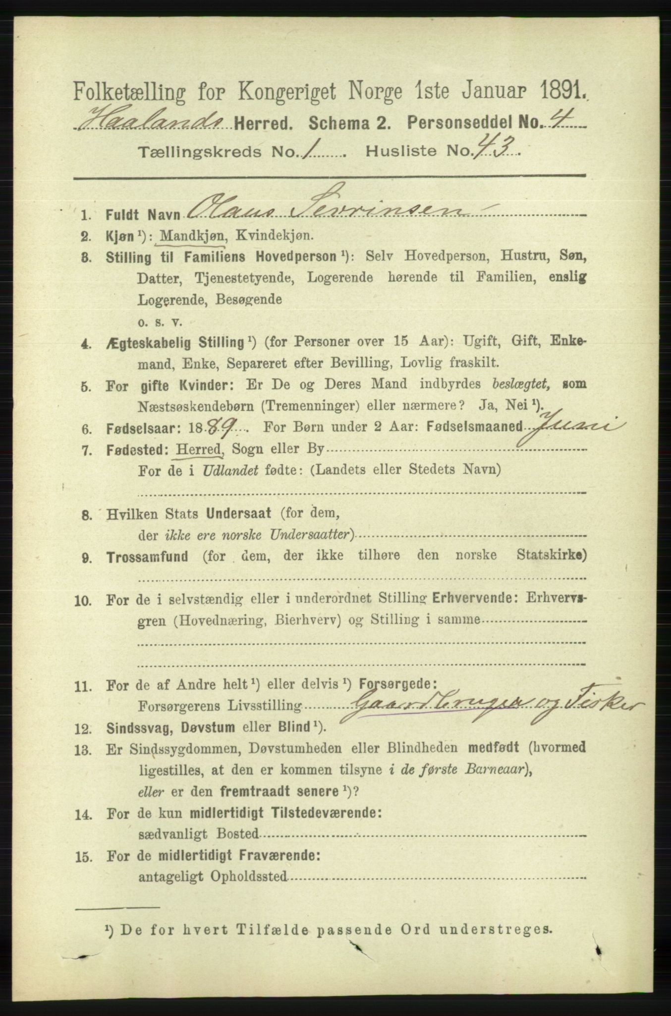 RA, 1891 census for 1124 Haaland, 1891, p. 436