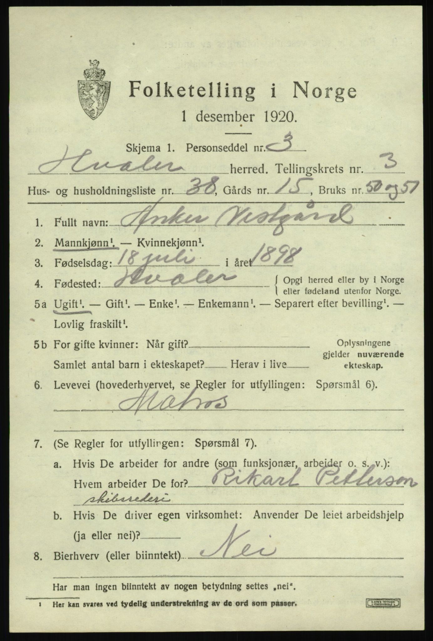 SAO, 1920 census for Hvaler, 1920, p. 4346