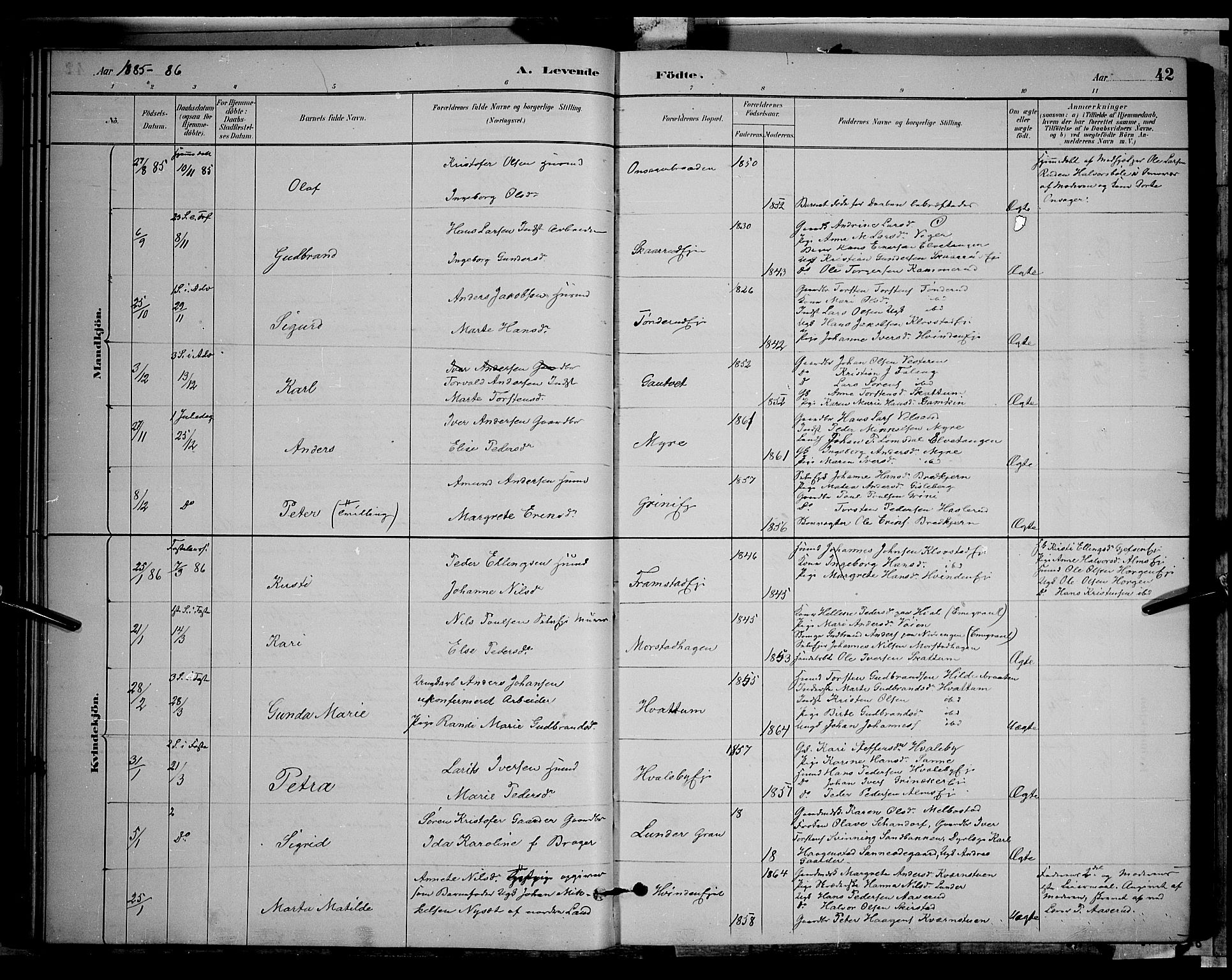Gran prestekontor, SAH/PREST-112/H/Ha/Hab/L0002: Parish register (copy) no. 2, 1879-1892, p. 42