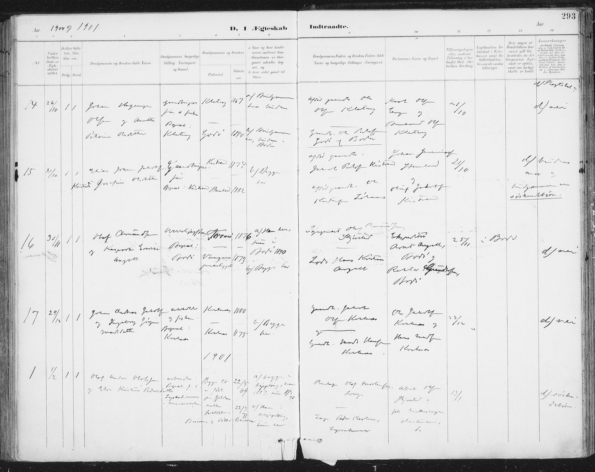 Ministerialprotokoller, klokkerbøker og fødselsregistre - Nordland, SAT/A-1459/852/L0741: Parish register (official) no. 852A11, 1894-1917, p. 293