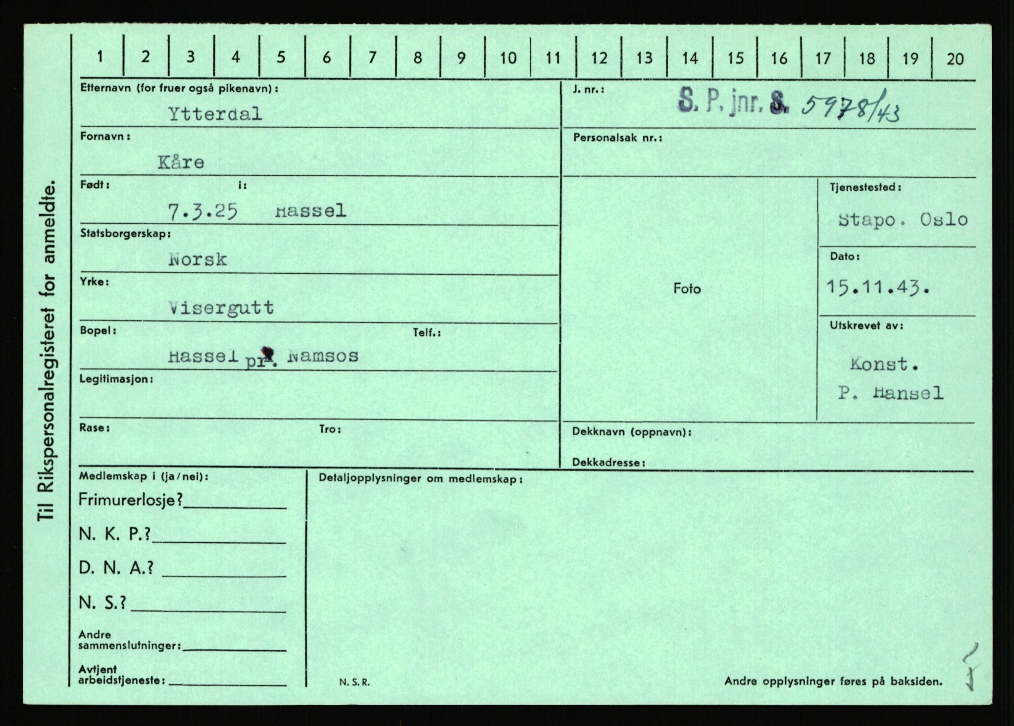 Statspolitiet - Hovedkontoret / Osloavdelingen, AV/RA-S-1329/C/Ca/L0016: Uberg - Øystese, 1943-1945, p. 3251