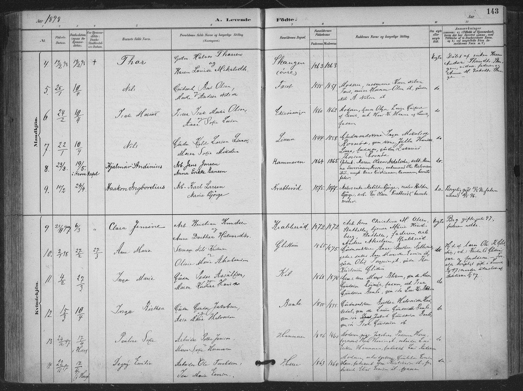 Bamble kirkebøker, SAKO/A-253/F/Fa/L0008: Parish register (official) no. I 8, 1888-1900, p. 143