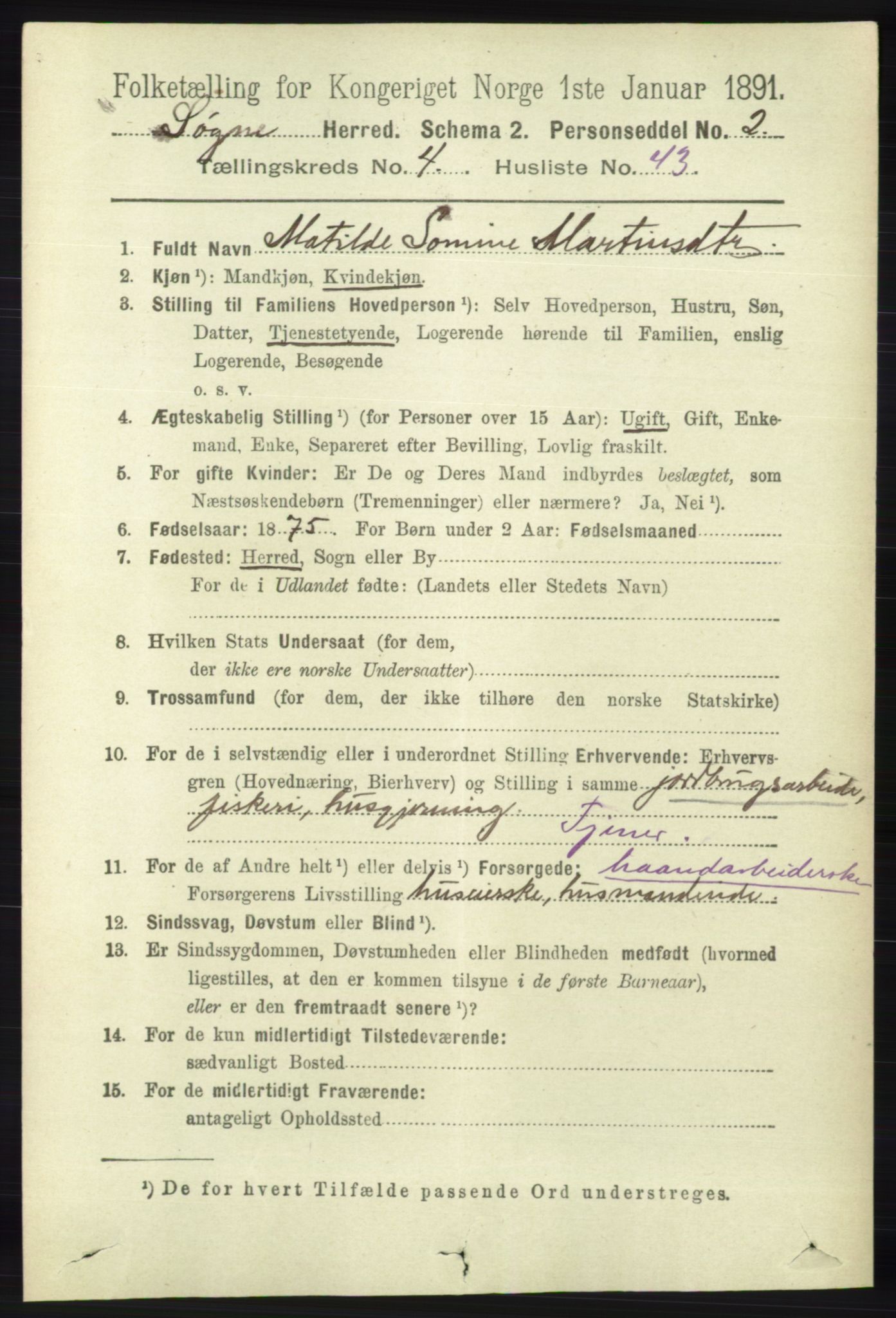 RA, 1891 census for 1018 Søgne, 1891, p. 827