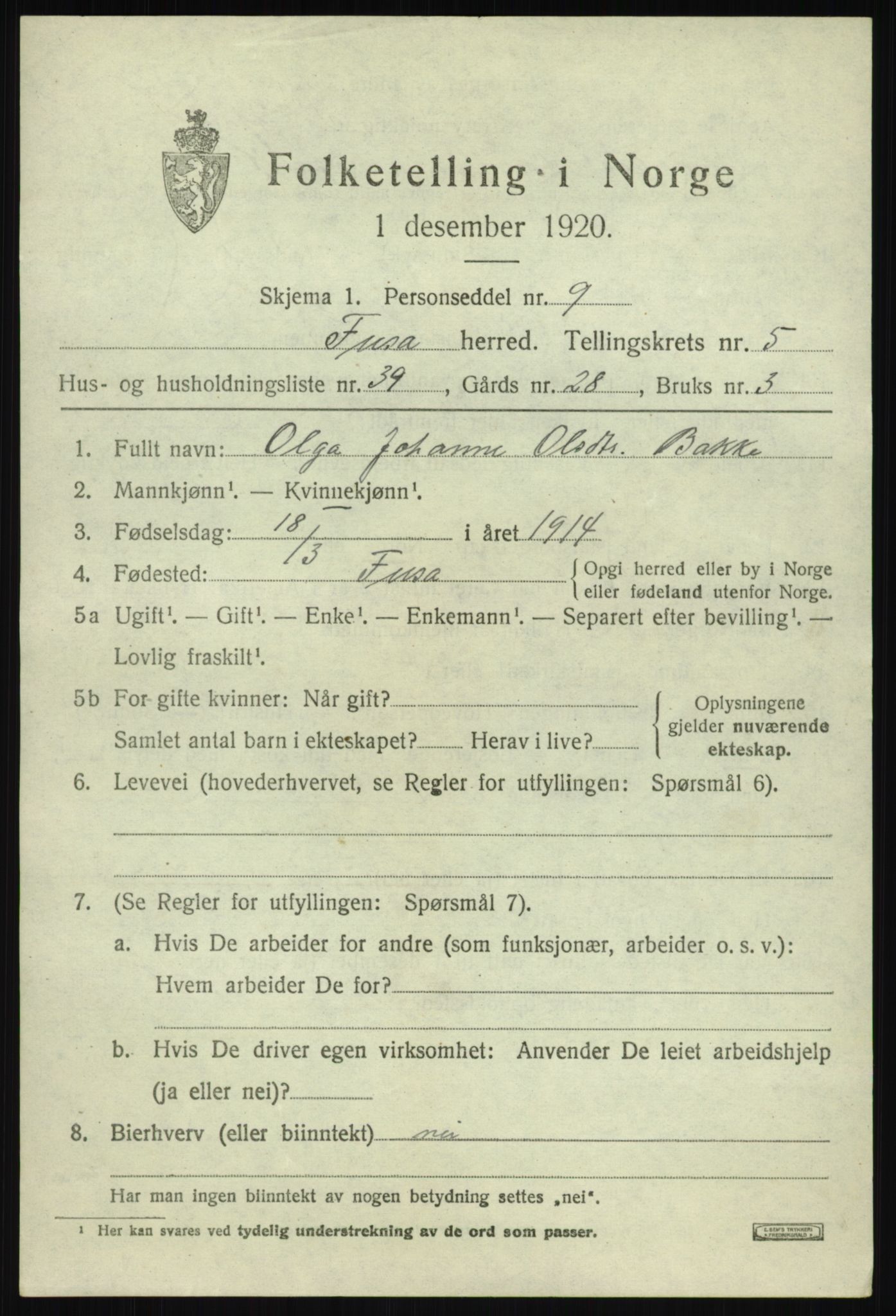 SAB, 1920 census for Fusa, 1920, p. 2453