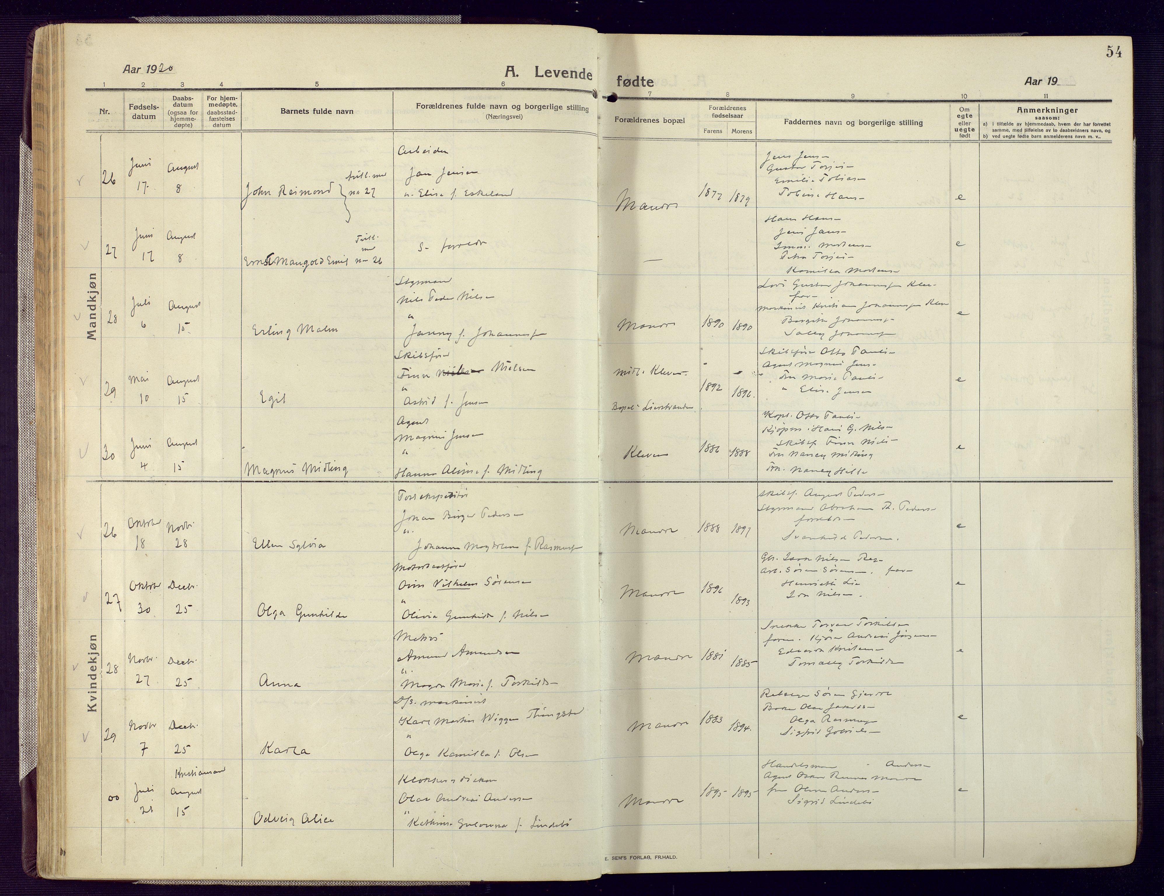 Mandal sokneprestkontor, AV/SAK-1111-0030/F/Fa/Fac/L0001: Parish register (official) no. A 1, 1913-1925, p. 54