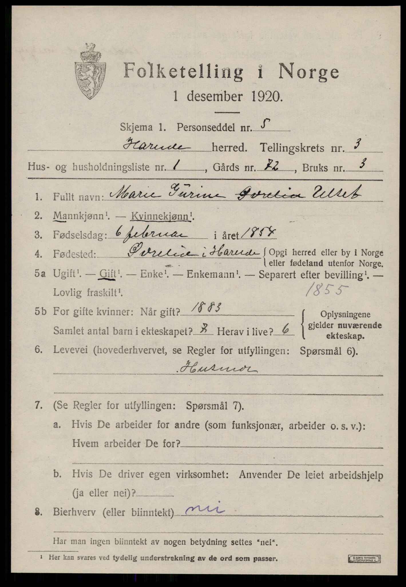 SAT, 1920 census for Hareid, 1920, p. 1395