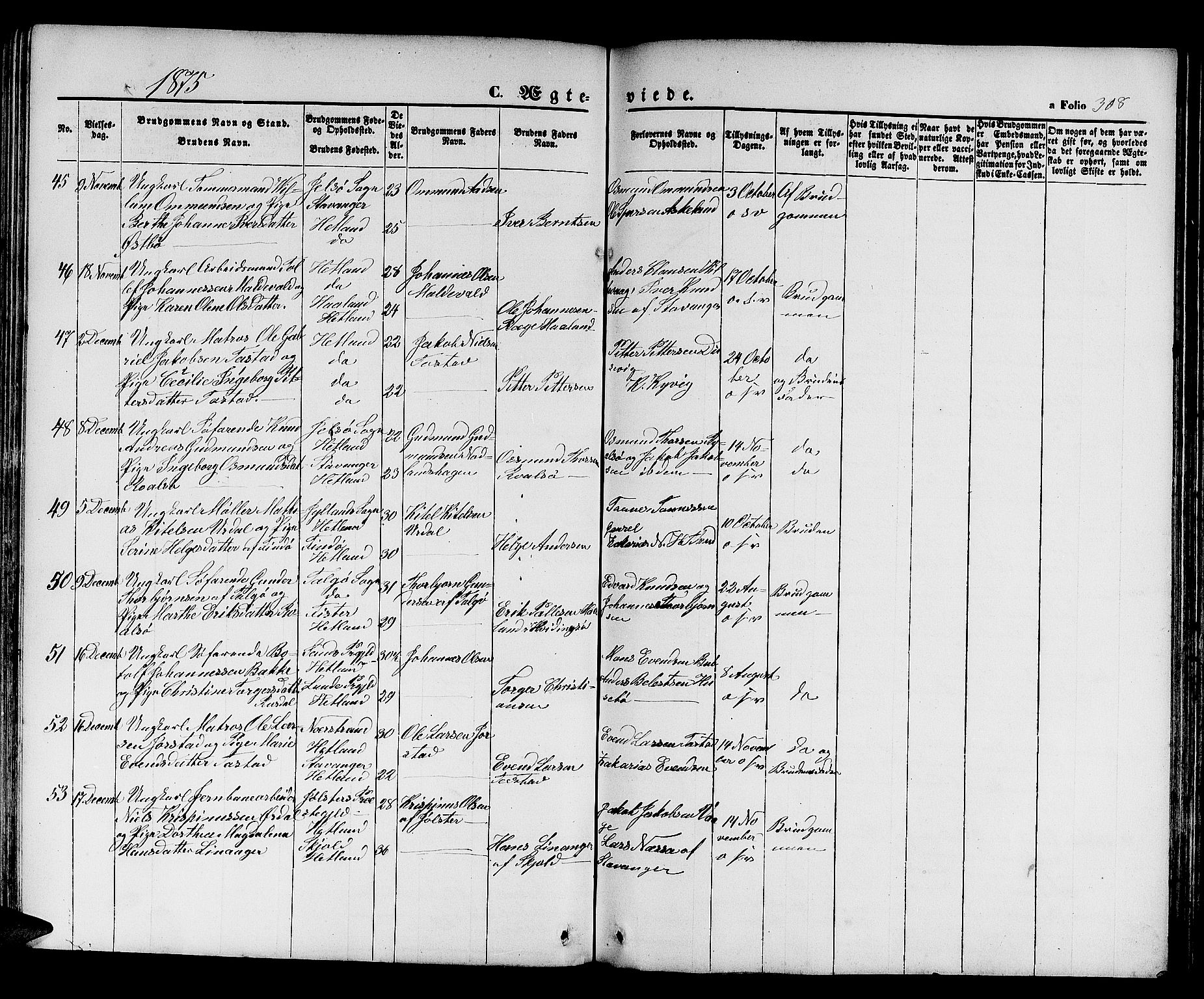 Hetland sokneprestkontor, SAST/A-101826/30/30BB/L0003: Parish register (copy) no. B 3, 1863-1877, p. 308
